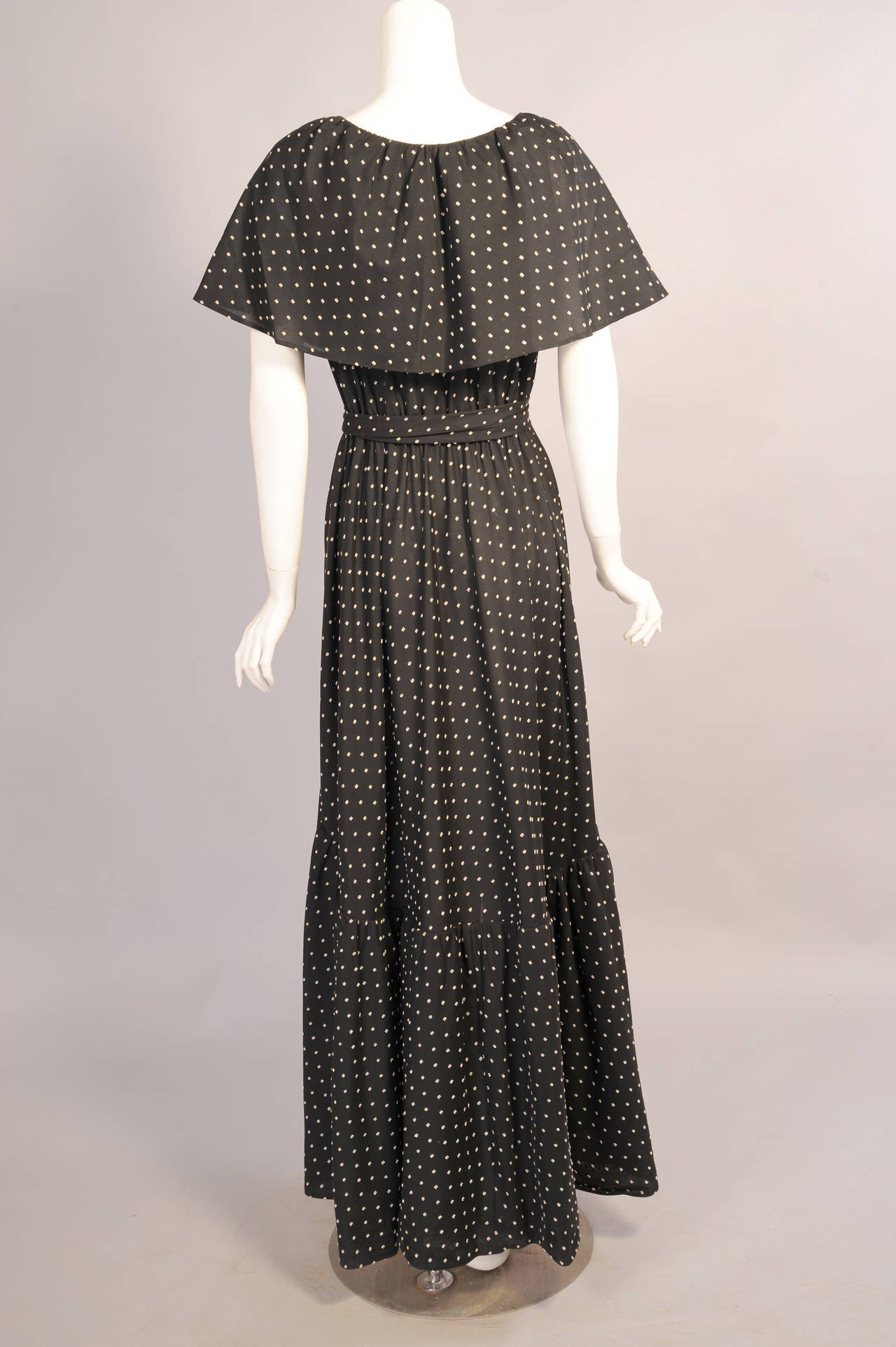 Black Halston 1970's Ruffled Wrap Dress Dotted Swiss Fabric