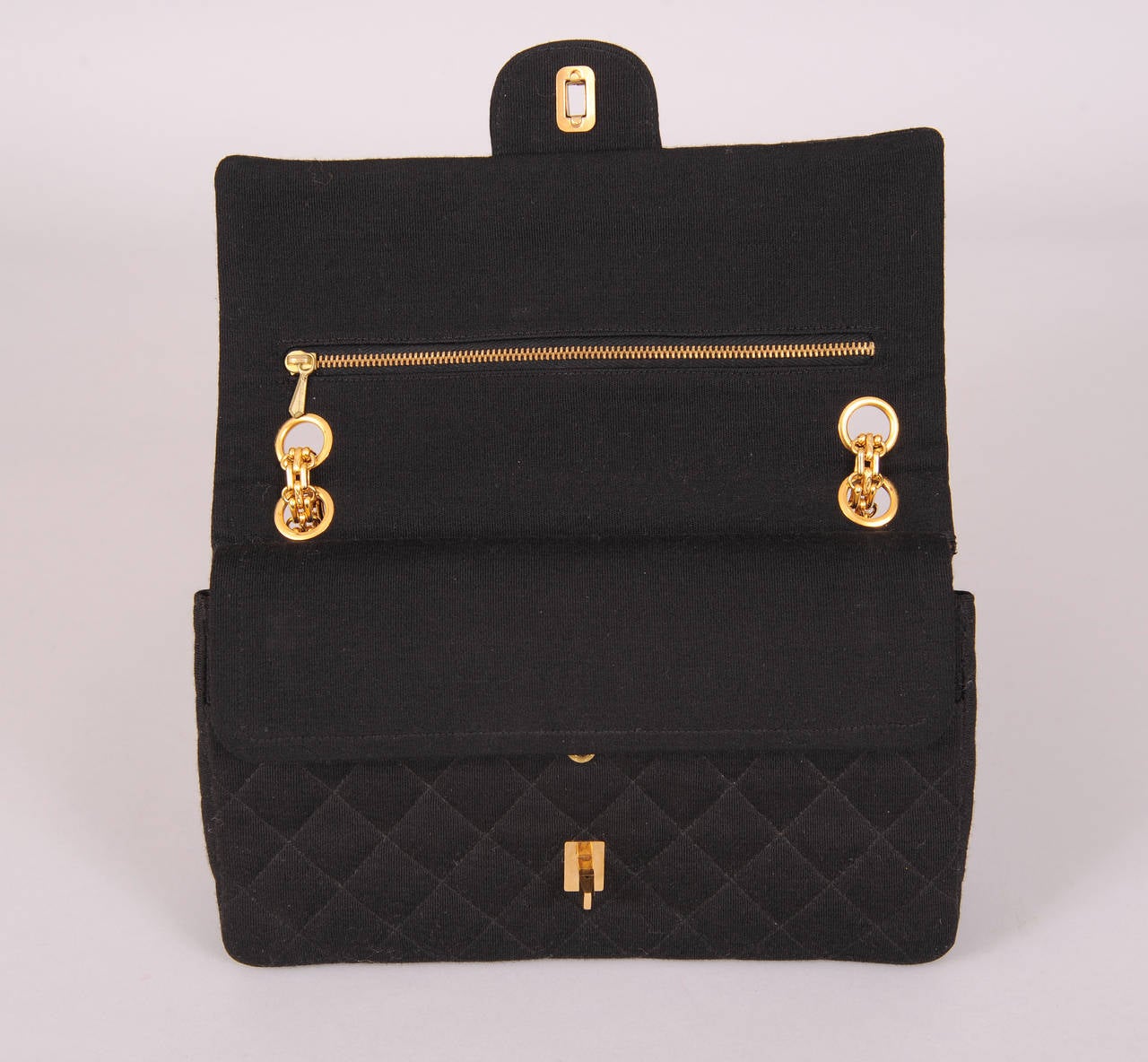Vintage Chanel Black Jersey Double Flap Bag with Box In Excellent Condition In New Hope, PA