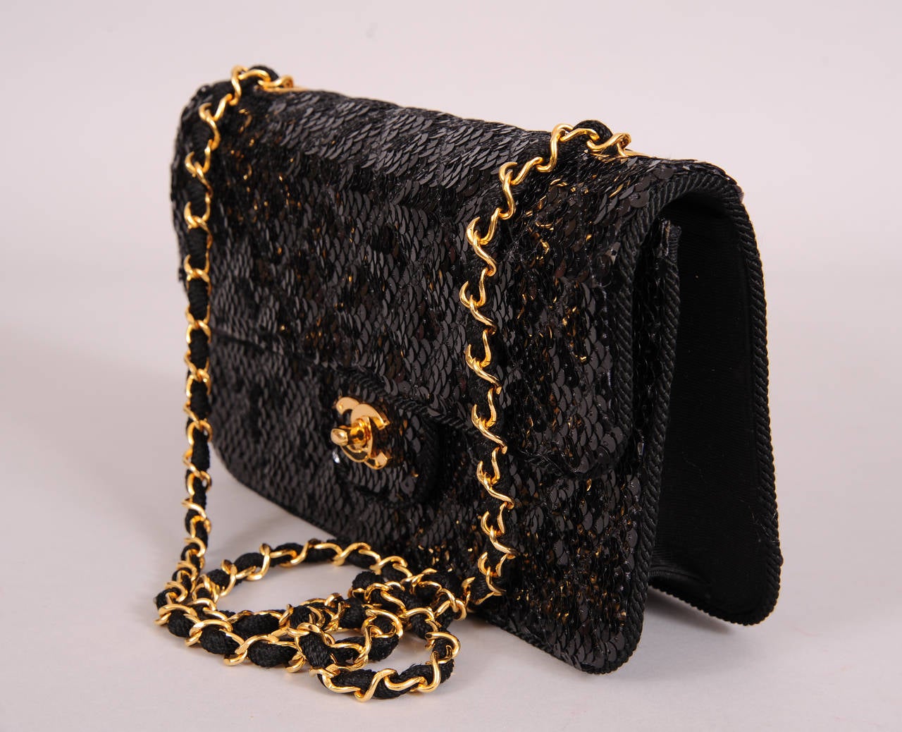 Chanel Sparkling Black Sequin Quilted Bag with Chain Strap, Never Used For Sale at 1stdibs