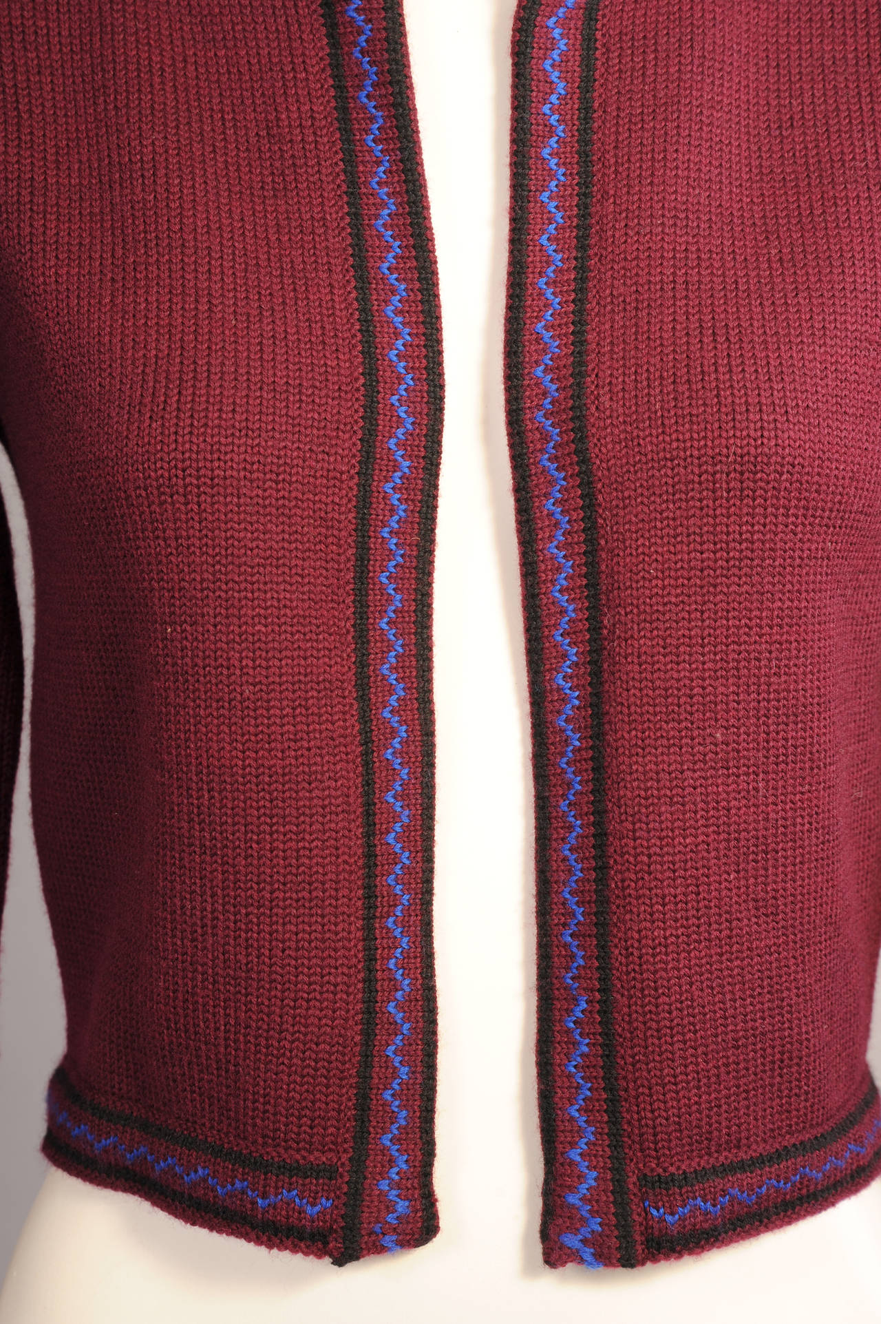 1970's Yves Saint Laurent Burgundy Sweater, Black & Blue Trim In Excellent Condition In New Hope, PA