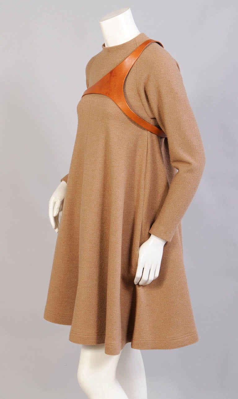 Geoffrey Beene Camel Wool Dress with Leather Harness In Excellent Condition In New Hope, PA