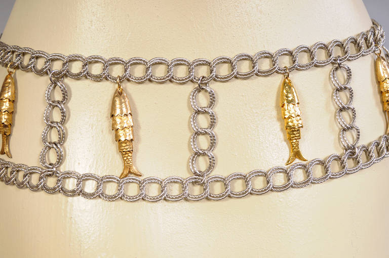 1970's Bergdorf Goodman Chain Belt with Fish Charms, Never Used In New Condition For Sale In New Hope, PA