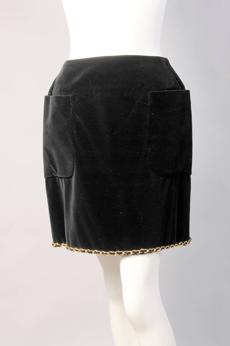 Chanel Black Velvet Skirt with Gold Chain Hem and Logo Buttons