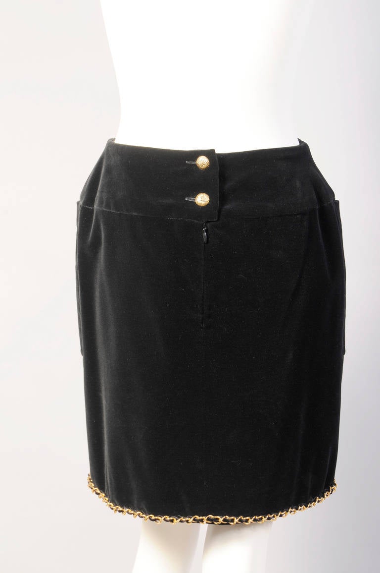 Chanel Black Velvet Skirt with Gold Chain Hem and Logo Buttons In Excellent Condition In New Hope, PA