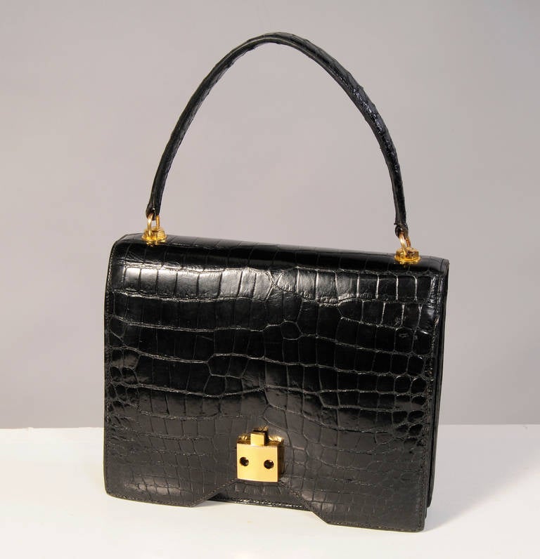 Hermes Vintage Black Crocodile Handbag 4