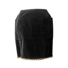 Chanel Black Velvet Skirt with Gold Chain Hem and Logo Buttons