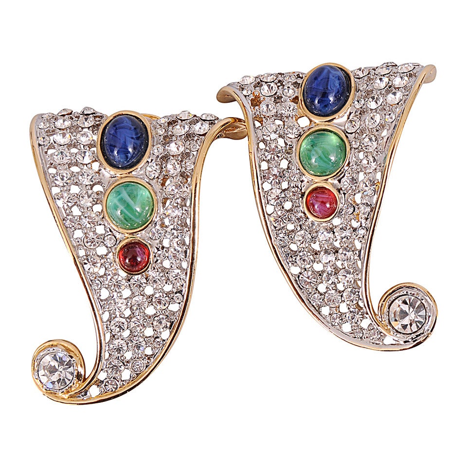 Valentino Diamante Earrings, Jewel Tone Cabochon Accents For Sale