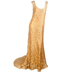 Vintage 1930's Rare Metallic Gold Lace Gown with Train