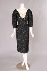 1950's Dior Couture Cream Lace Dress Embroidered with Black Silk Ribbon