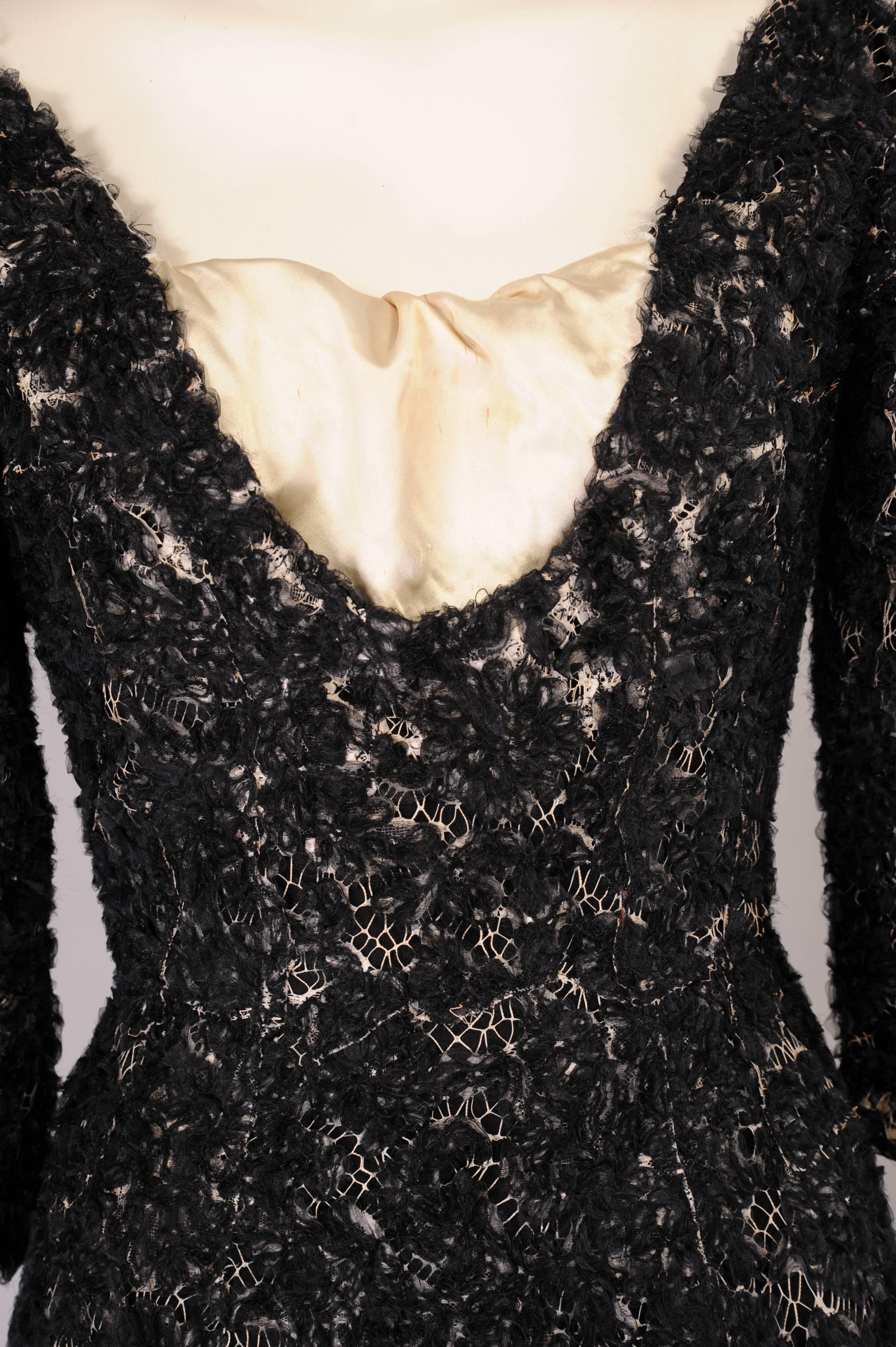 1950's Dior Couture Cream Lace Dress Embroidered with Black Silk Ribbon In Excellent Condition In New Hope, PA