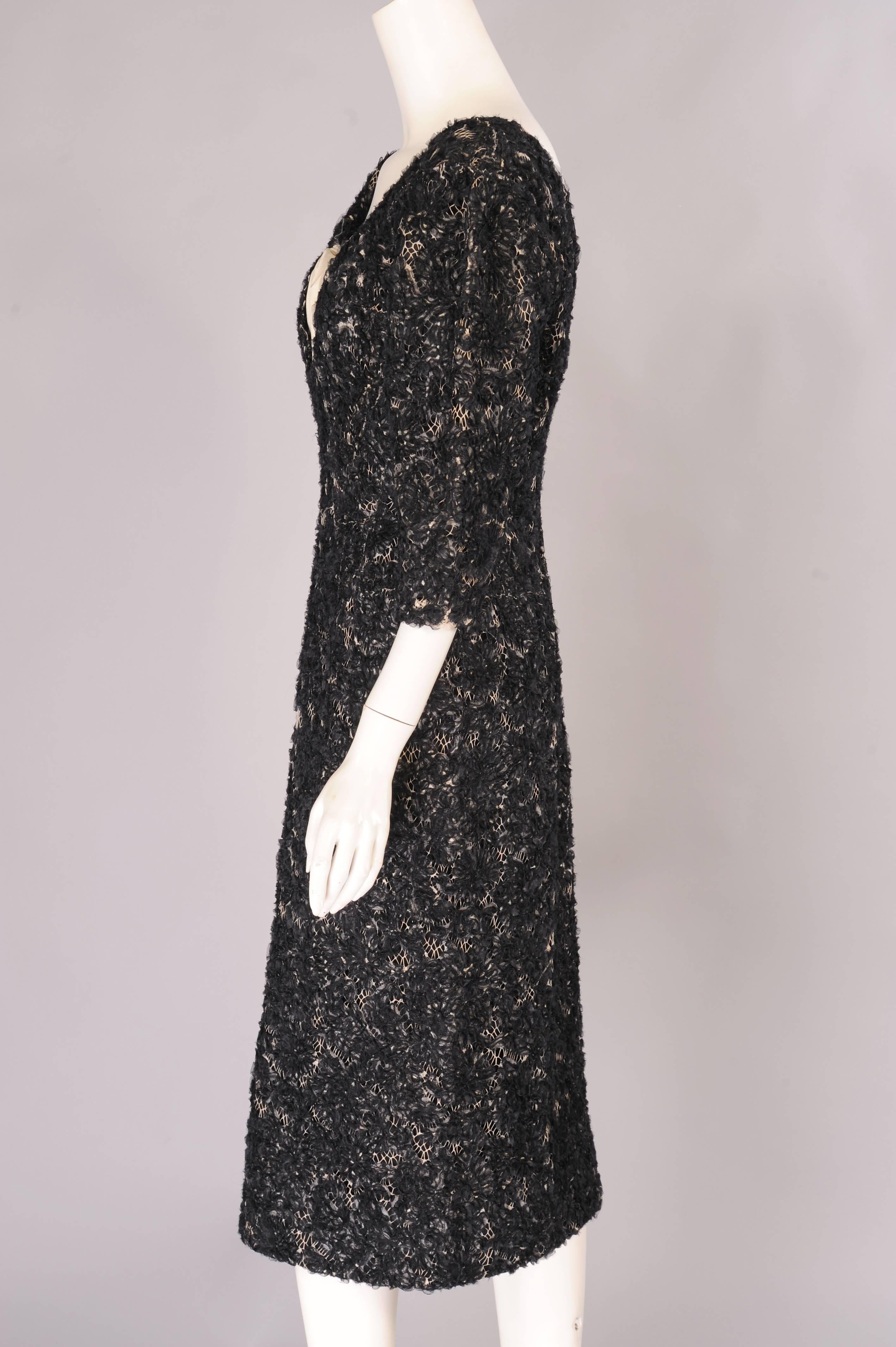 Women's 1950's Dior Couture Cream Lace Dress Embroidered with Black Silk Ribbon