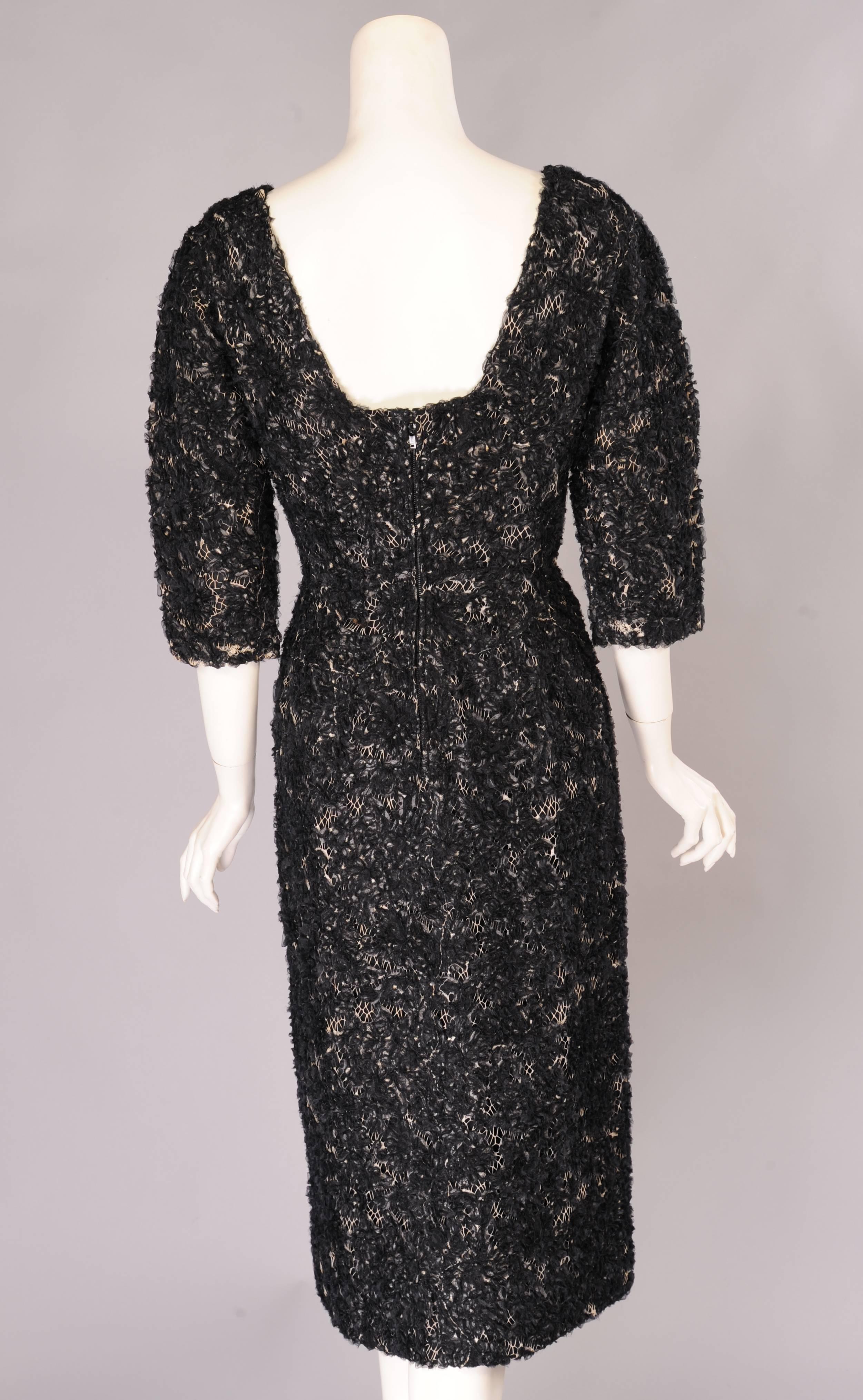 1950's Dior Couture Cream Lace Dress Embroidered with Black Silk Ribbon 1