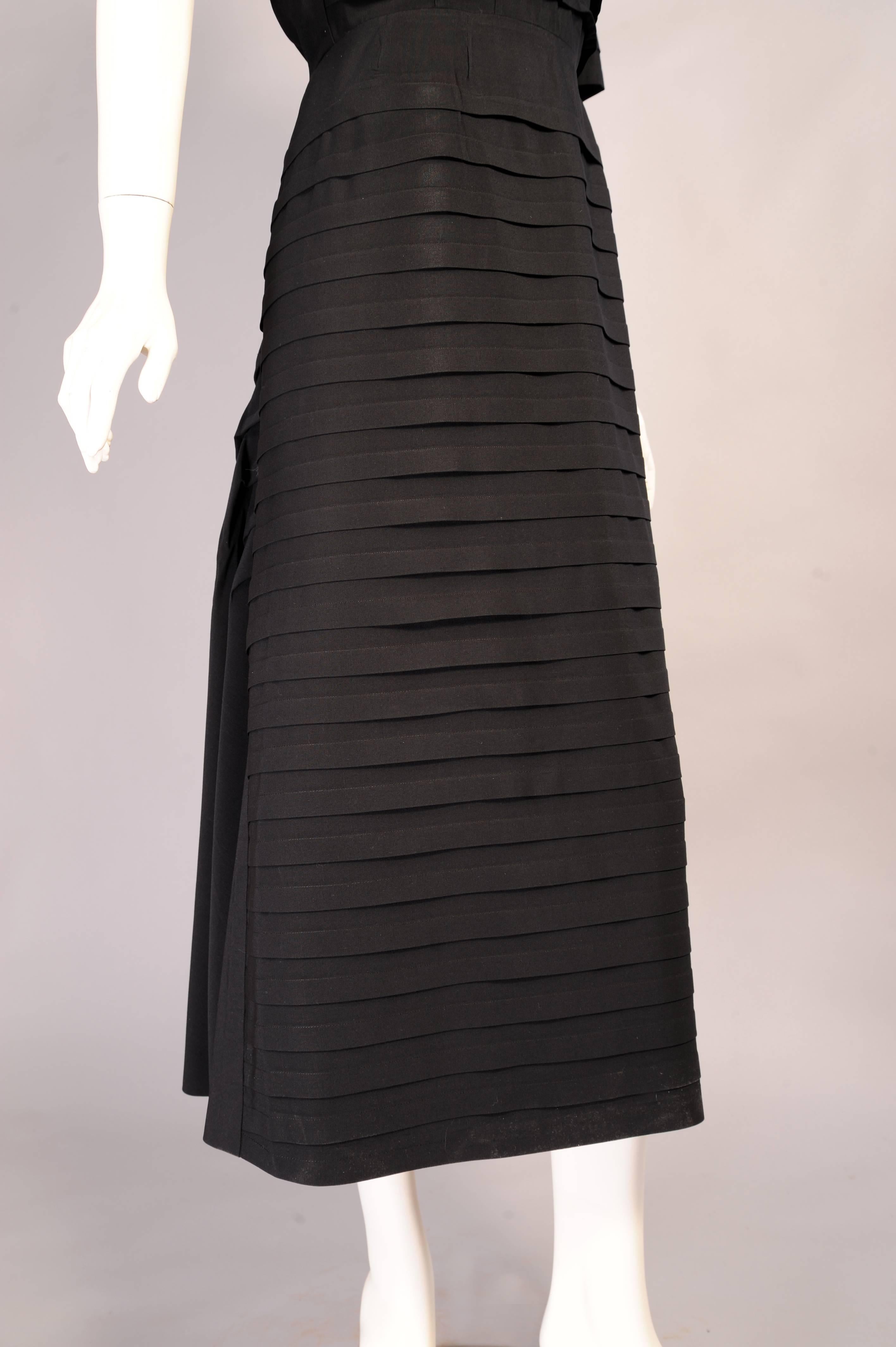 Black 1950's House of Worth Pleated Silk Evening Dress, Dramatic Back Interest