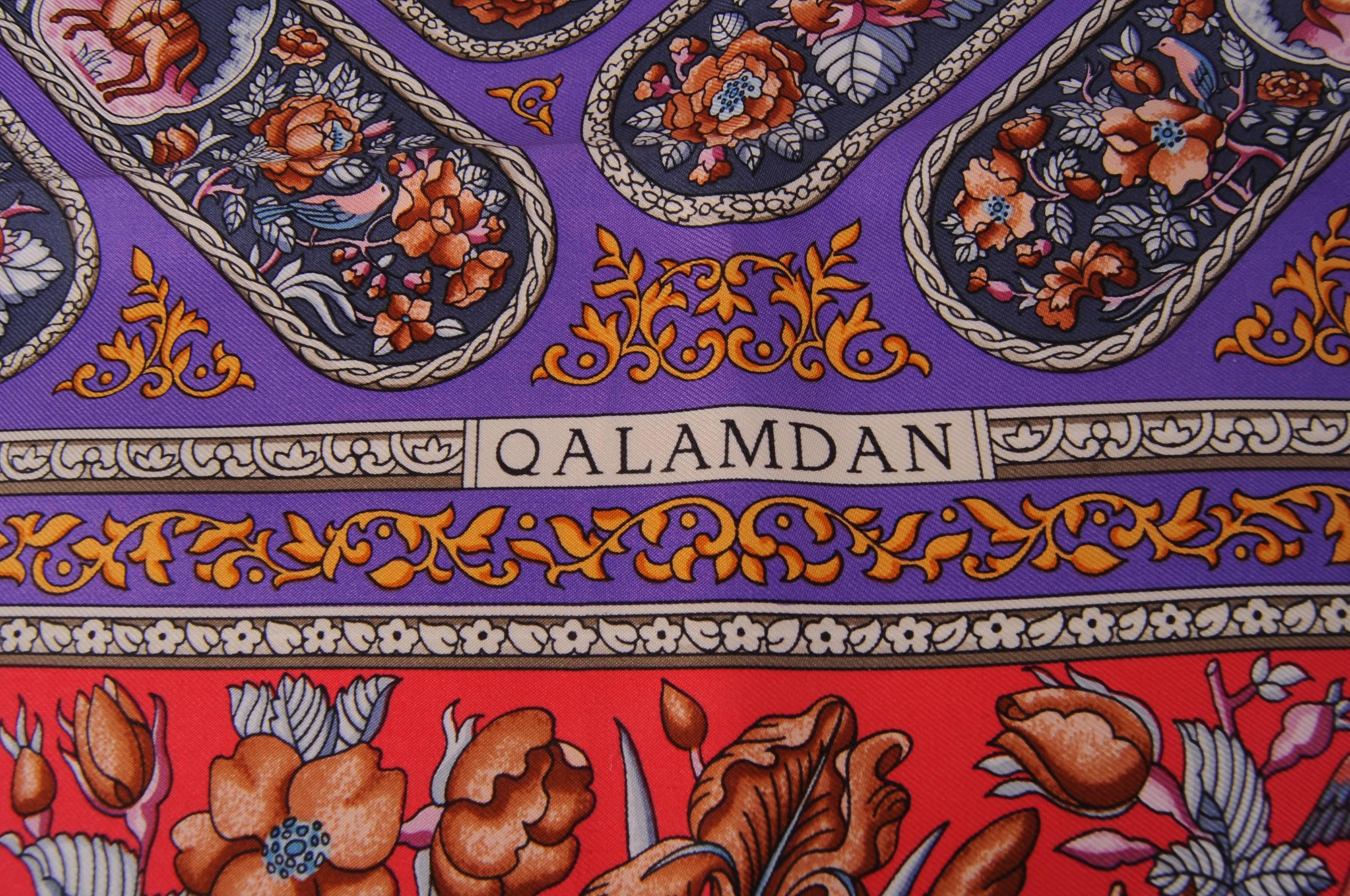 A beautiful Persian inspired design in red, brown, blue, gold and grey on royal purple includes men on horseback in the pattern. There are also birds and flowering vines. The scarf is fully marked and has never been worn. It is in excellent