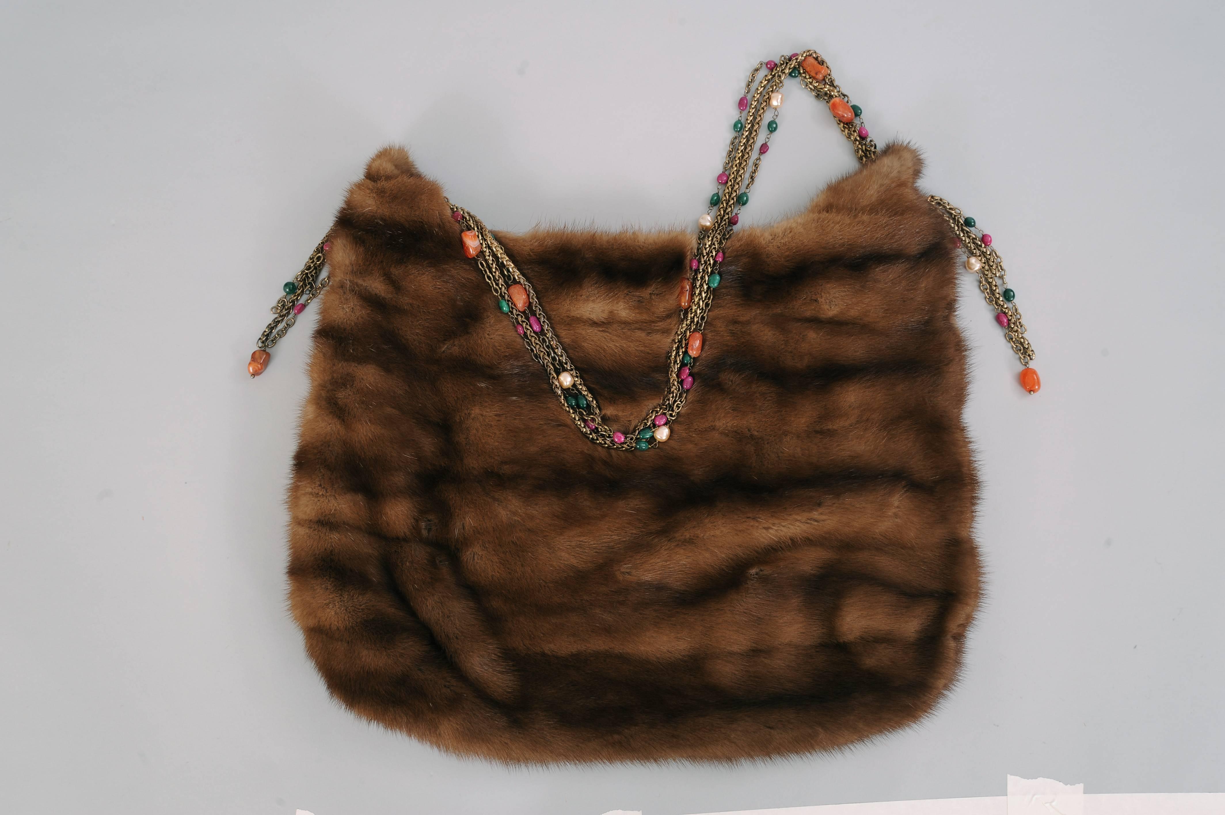Brown Oscar de la Renta Mink Bag with Jeweled Cabochon & Pearl Chain Straps