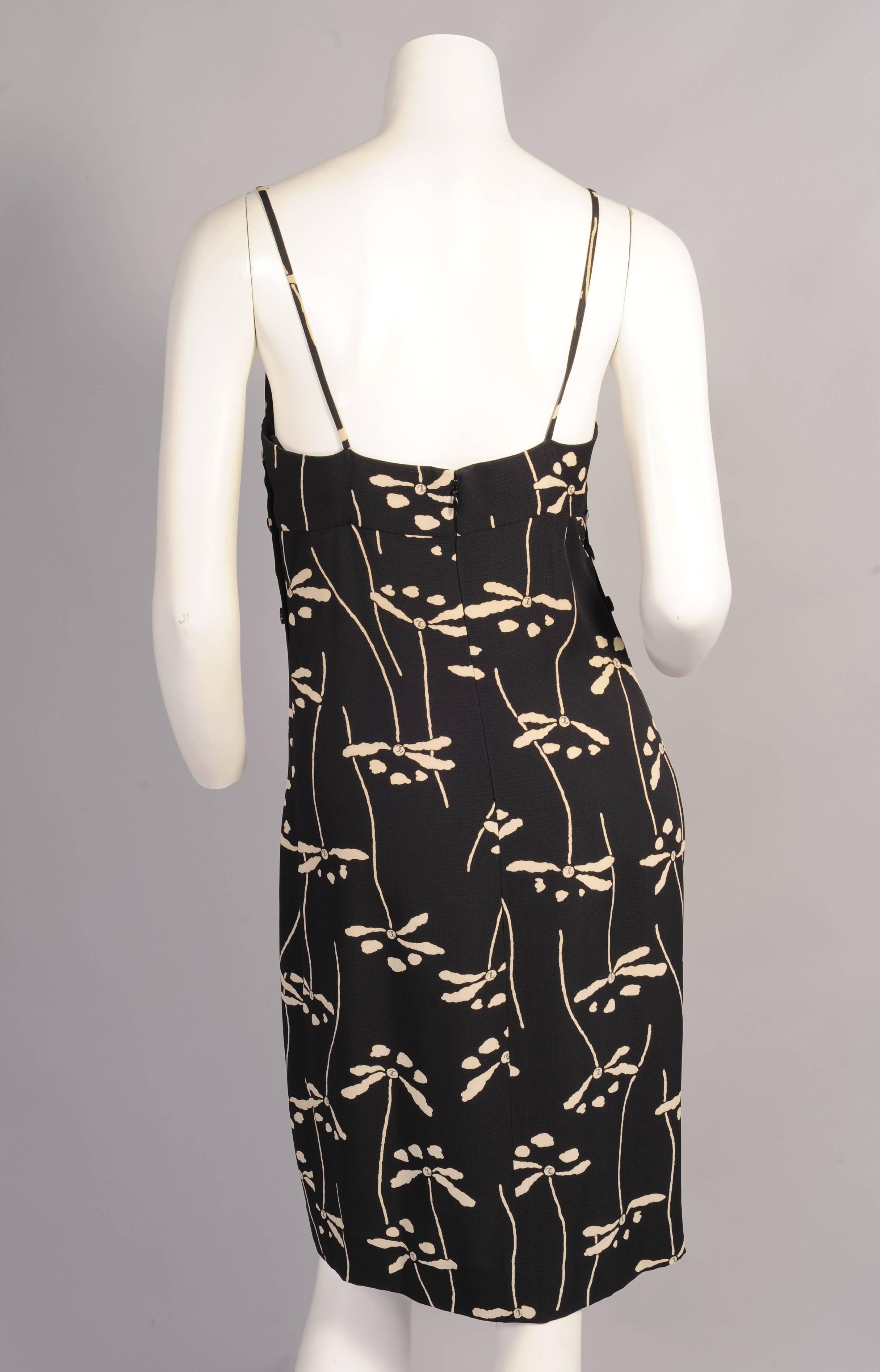 Chanel Black Silk Dress Cream Dragonfly Print In Excellent Condition In New Hope, PA