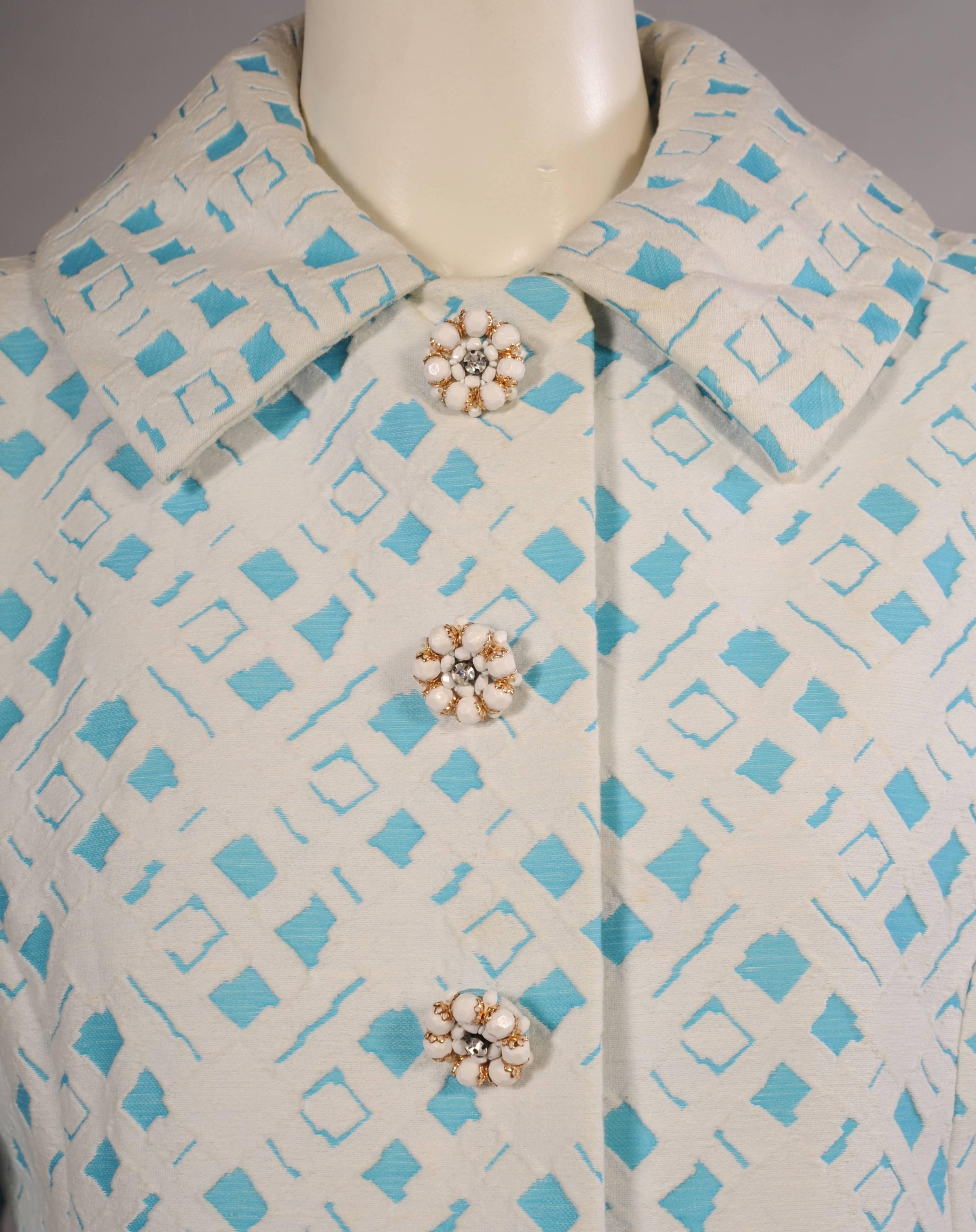 1960's Ceil Chapman Turquoise and White Matelasse Coat & Dress In Excellent Condition In New Hope, PA