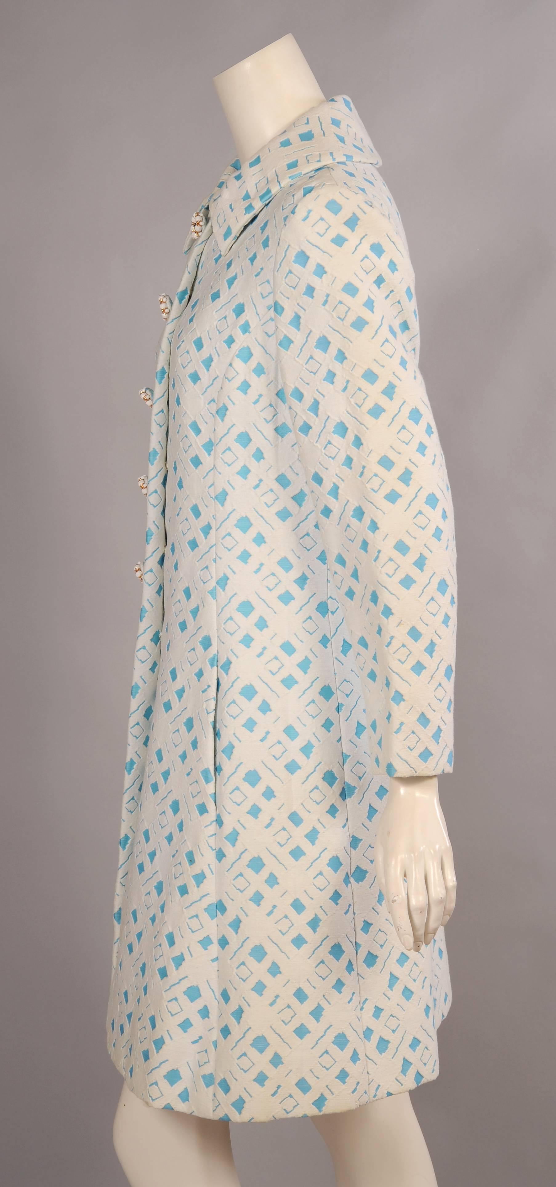 Women's 1960's Ceil Chapman Turquoise and White Matelasse Coat & Dress