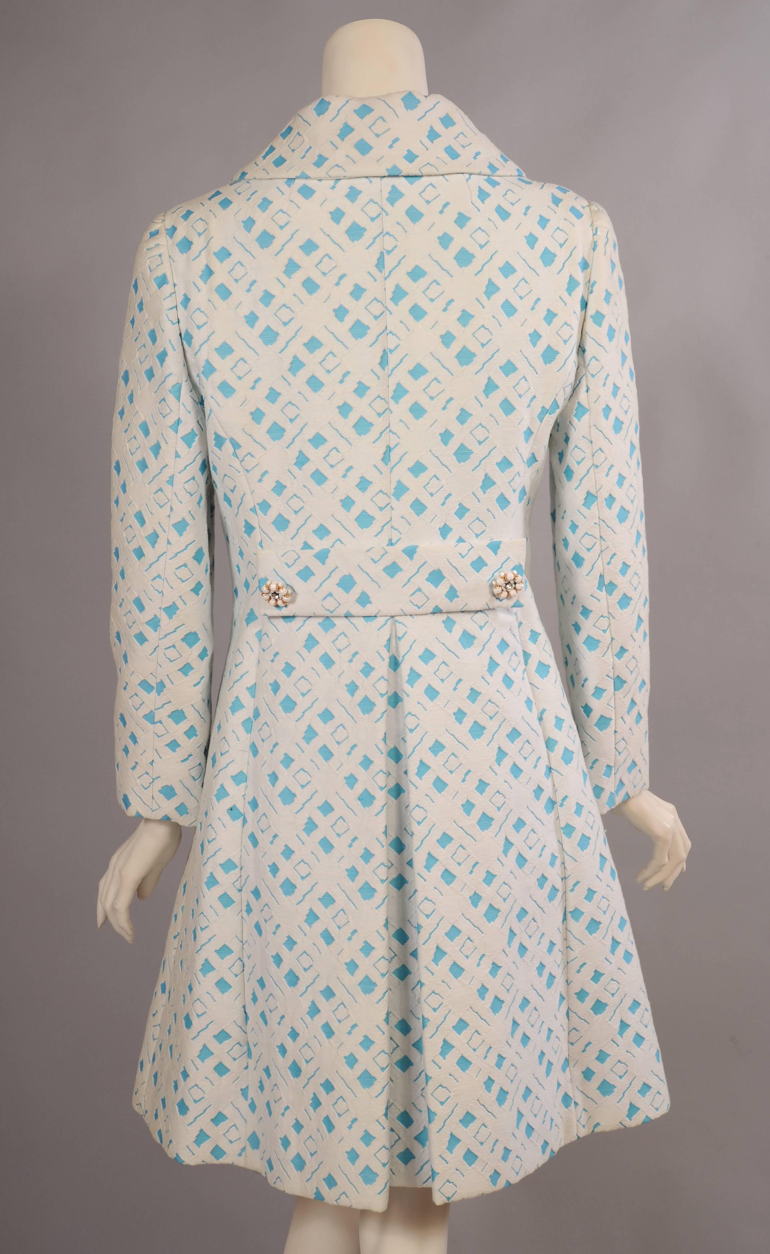 1960's Ceil Chapman Turquoise and White Matelasse Coat & Dress 1
