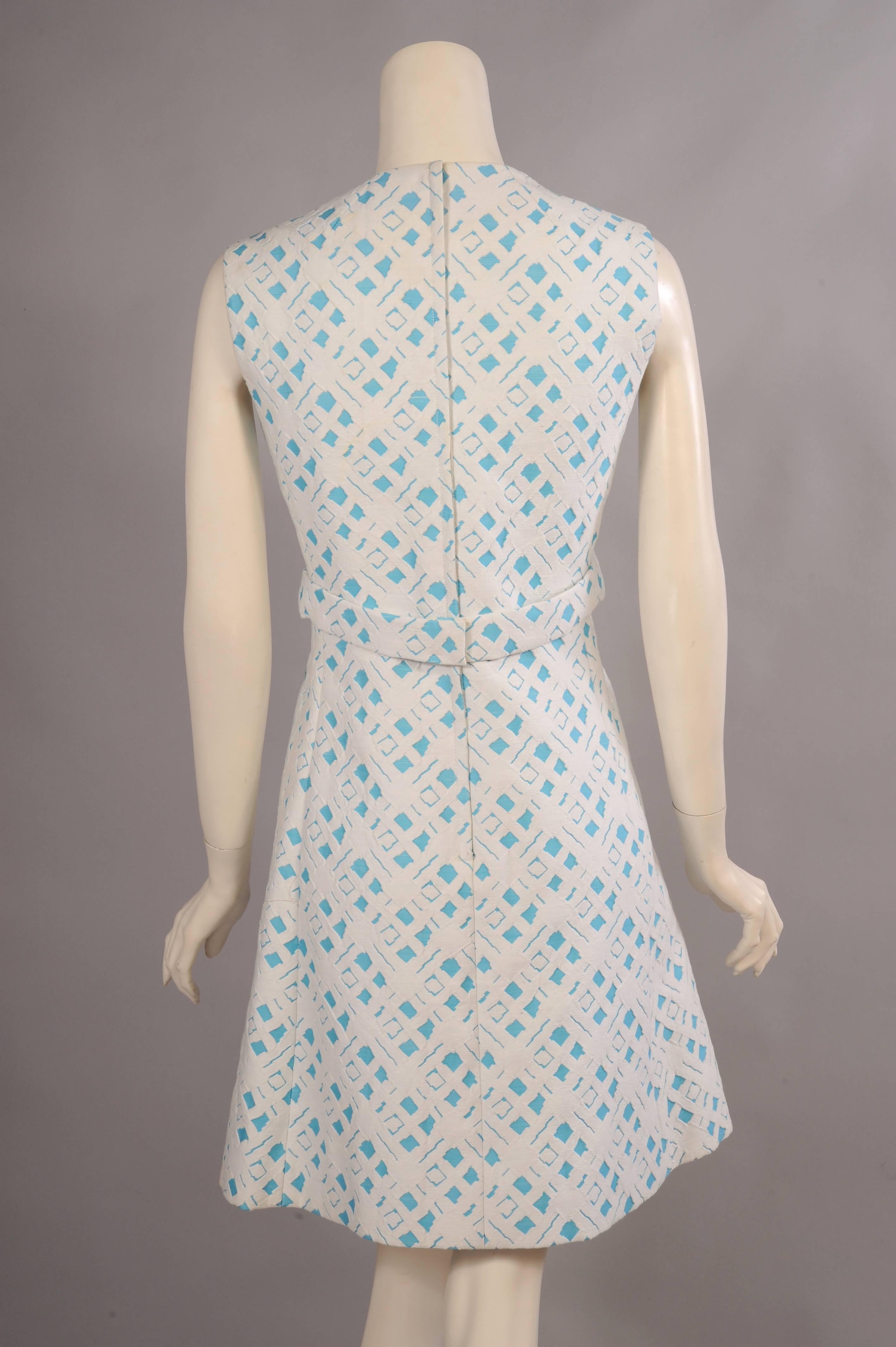 Gray 1960's Ceil Chapman Turquoise and White Matelasse Coat & Dress