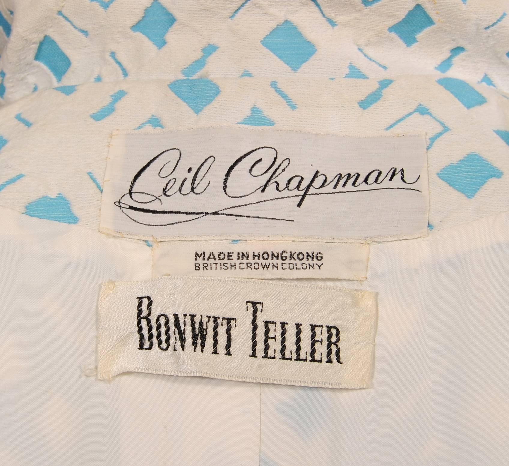 1960's Ceil Chapman Turquoise and White Matelasse Coat & Dress 2