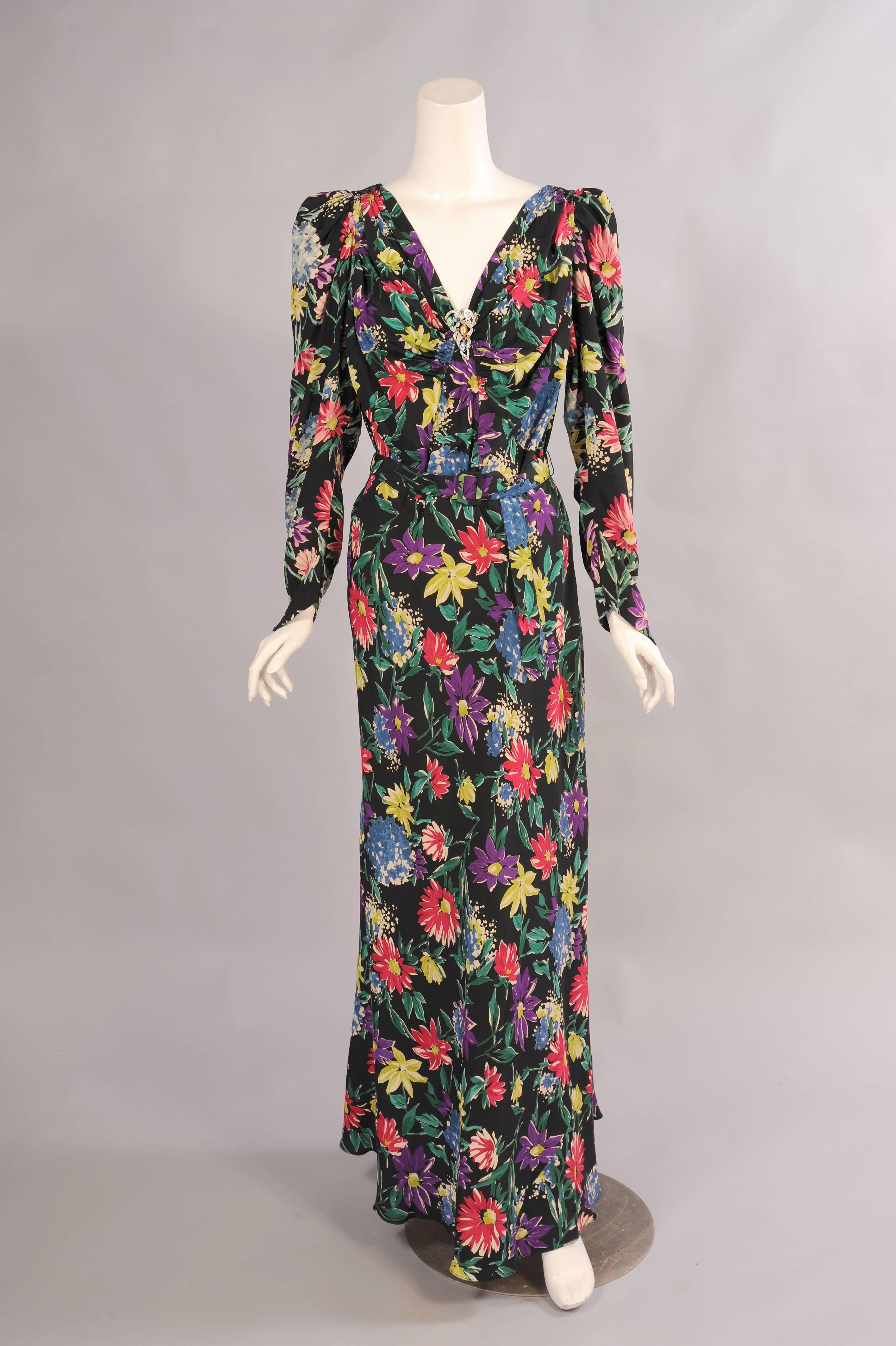Black 1930's Floral Print Silk Dress & Sleeveless Jacket, Larger Size
