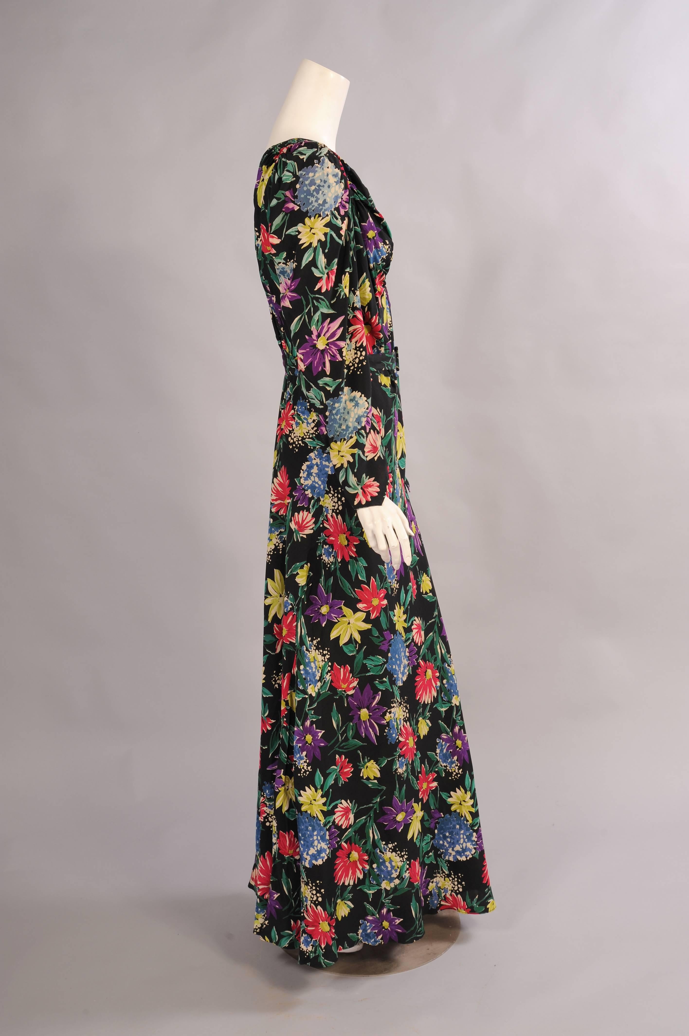 1930's Floral Print Silk Dress & Sleeveless Jacket, Larger Size In Excellent Condition In New Hope, PA