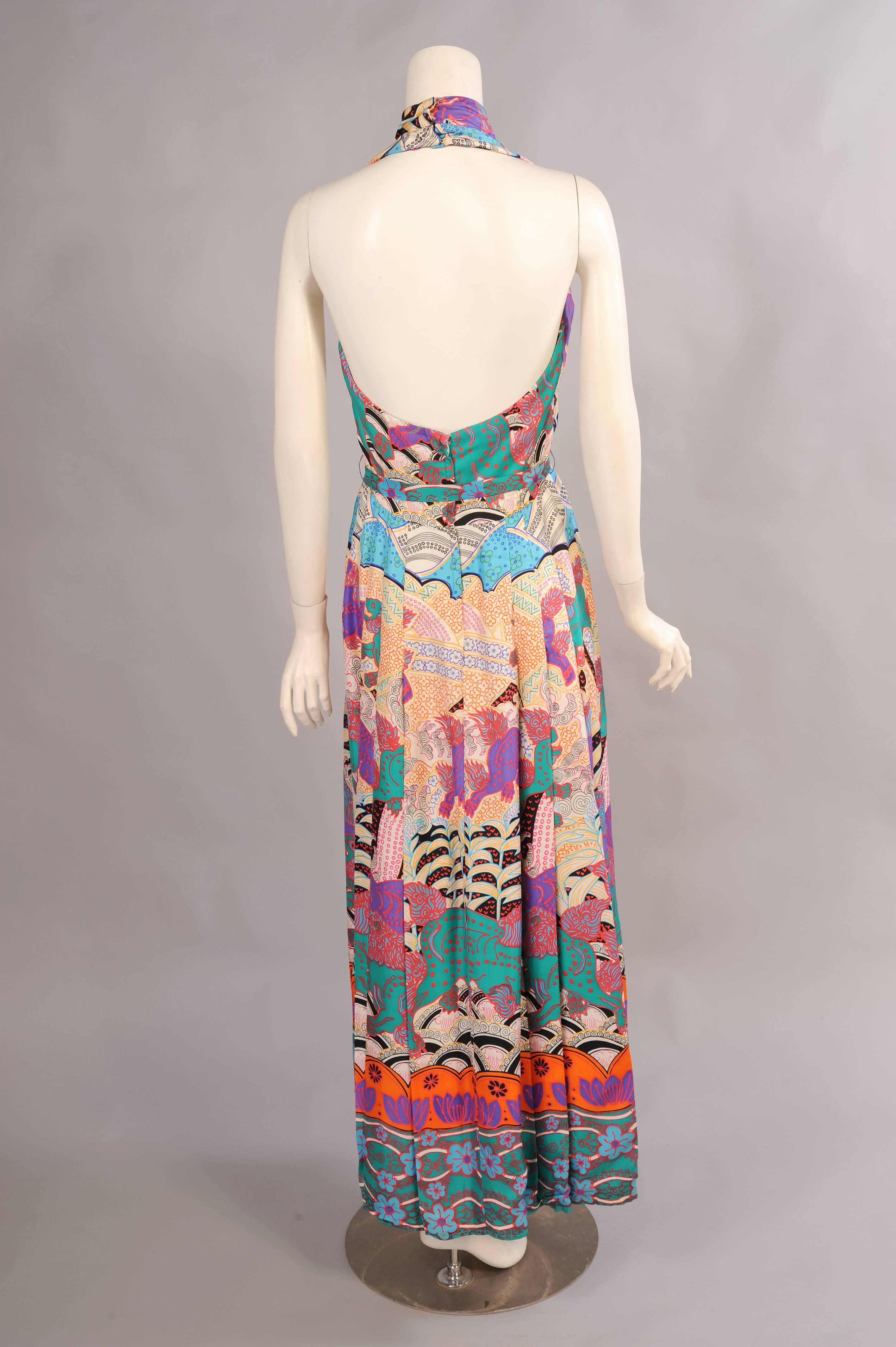 1970's Lillie Rubin Halter Dress Chinoiserie Silk Print In Excellent Condition In New Hope, PA
