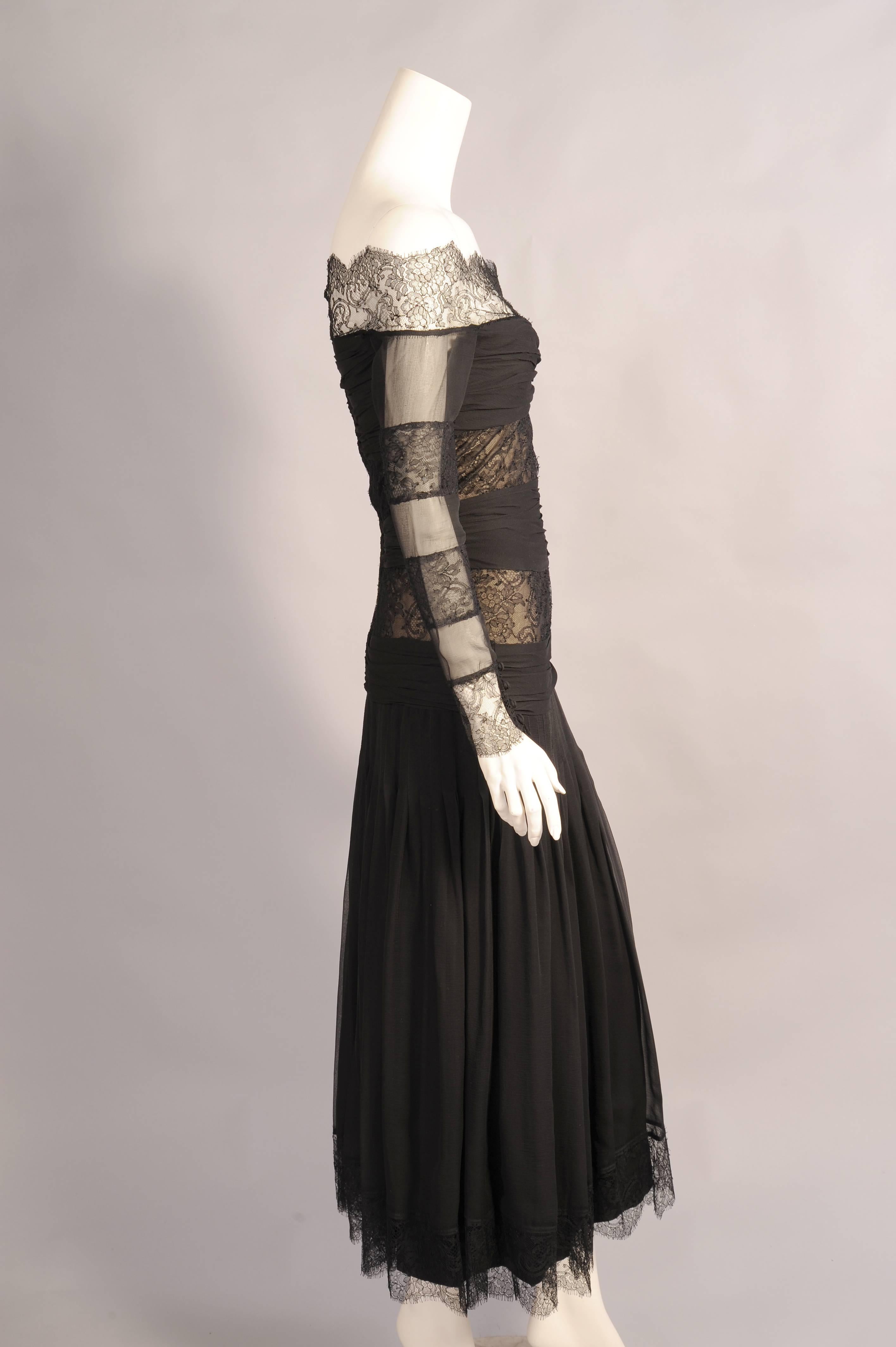 Chanel Numbered Haute Couture Black Lace & Silk Chiffon Evening Dress In Excellent Condition In New Hope, PA