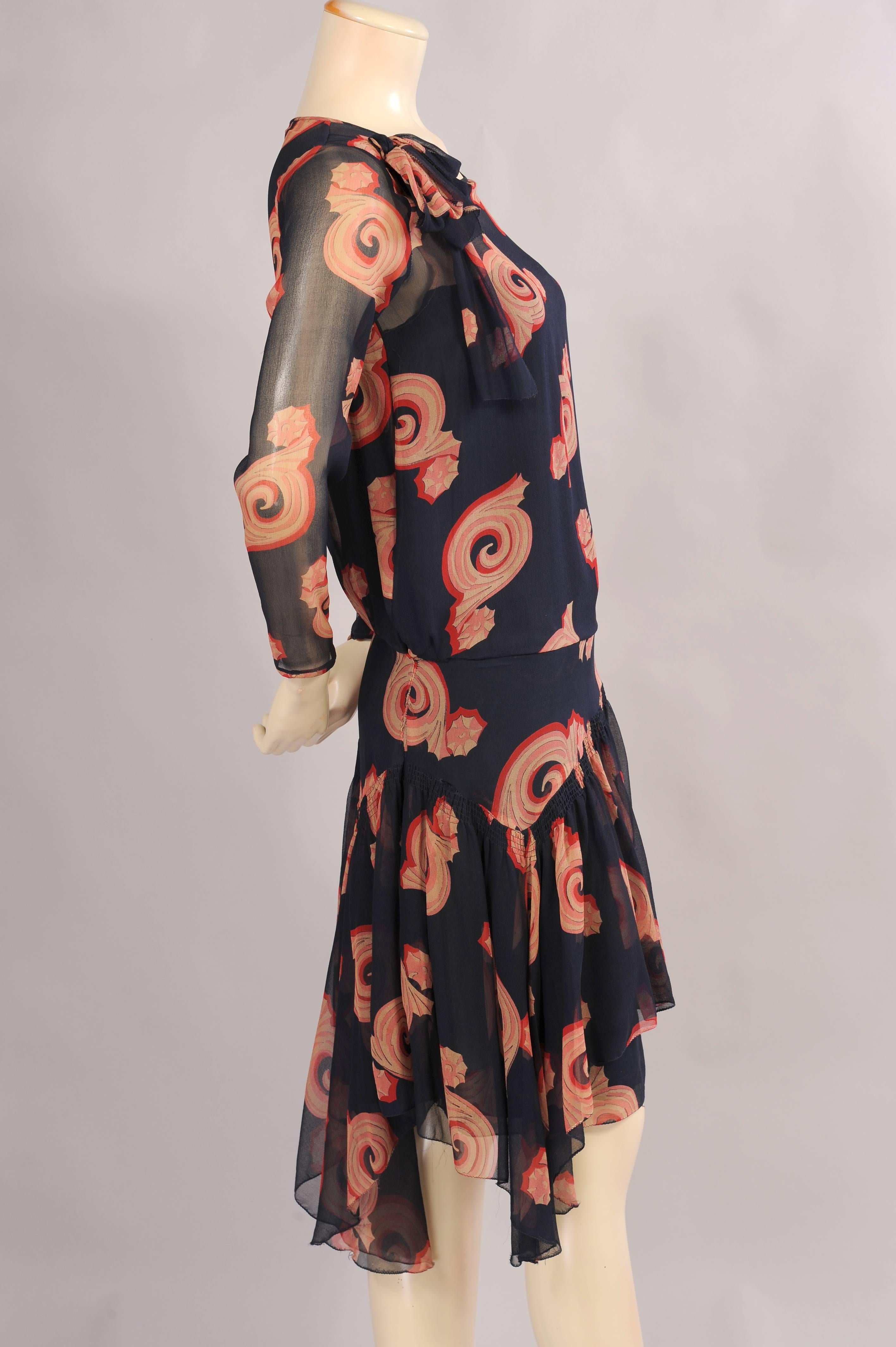 Black 1920's Art Deco Print Silk Chiffon Dress
