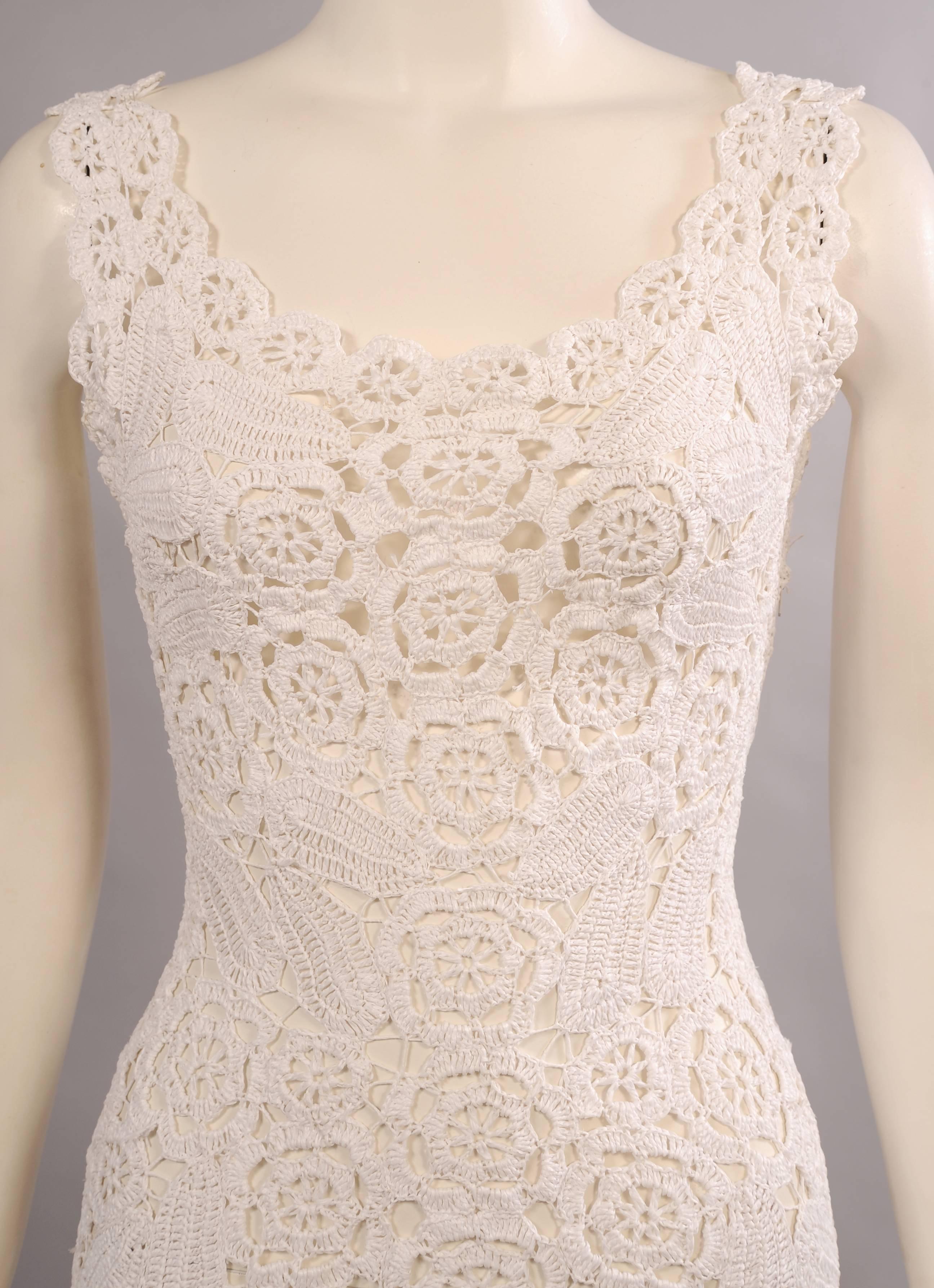 Beige 1960's Hand Crocheted White Raffia Sheath Dress