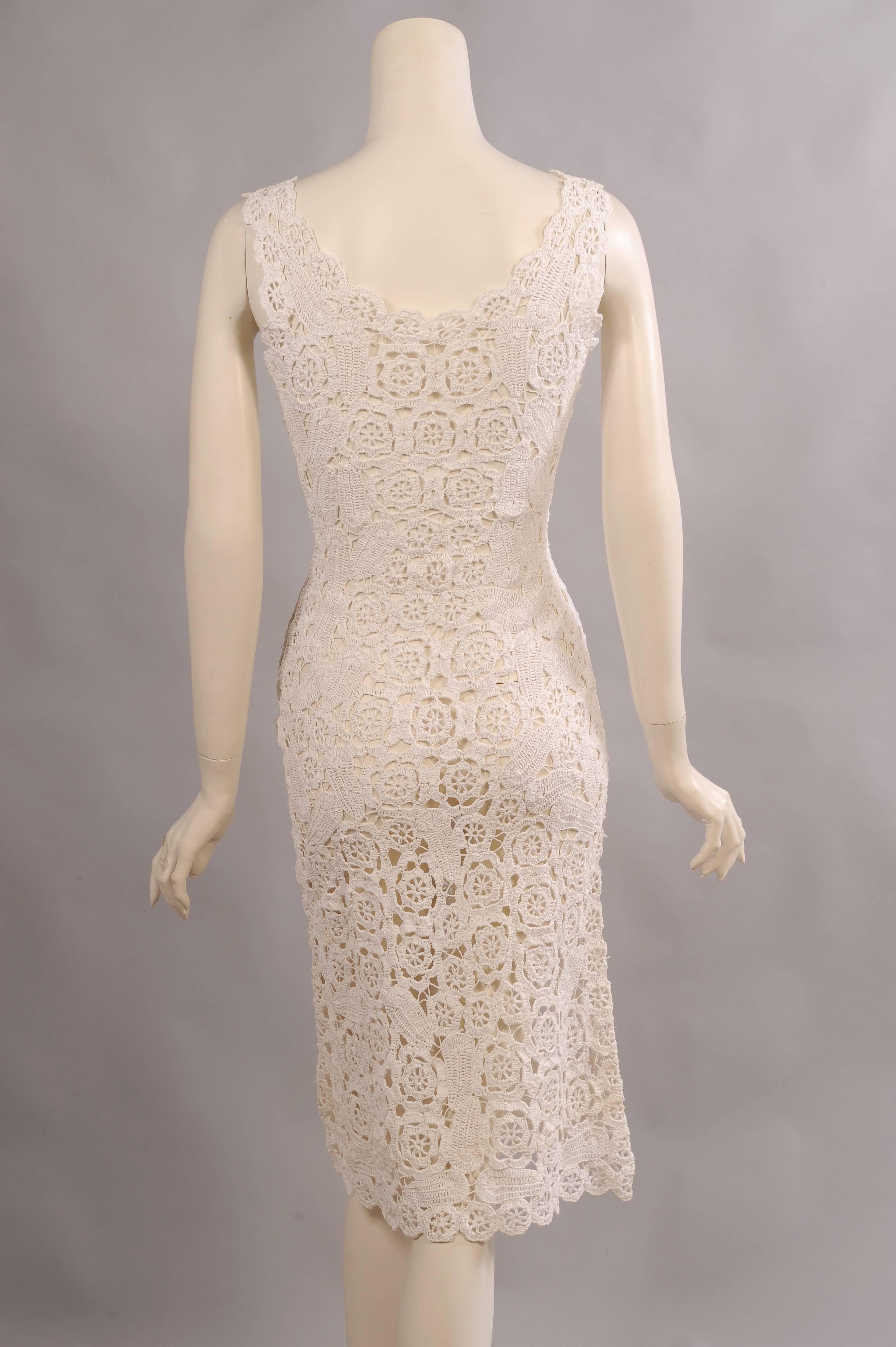 Women's 1960's Hand Crocheted White Raffia Sheath Dress