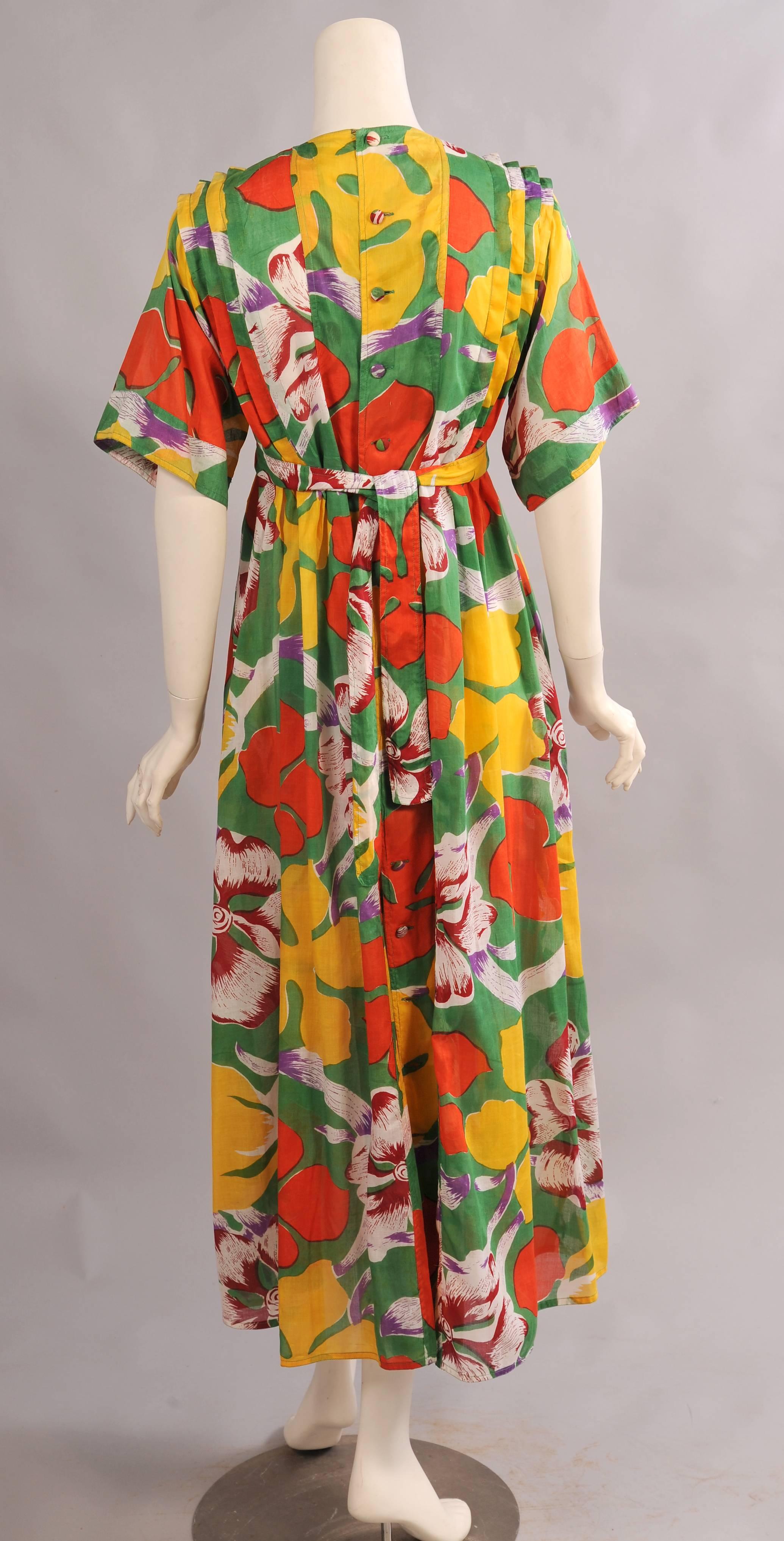 Brown Jean Muir 1970's Colorful Tropical Print Dress
