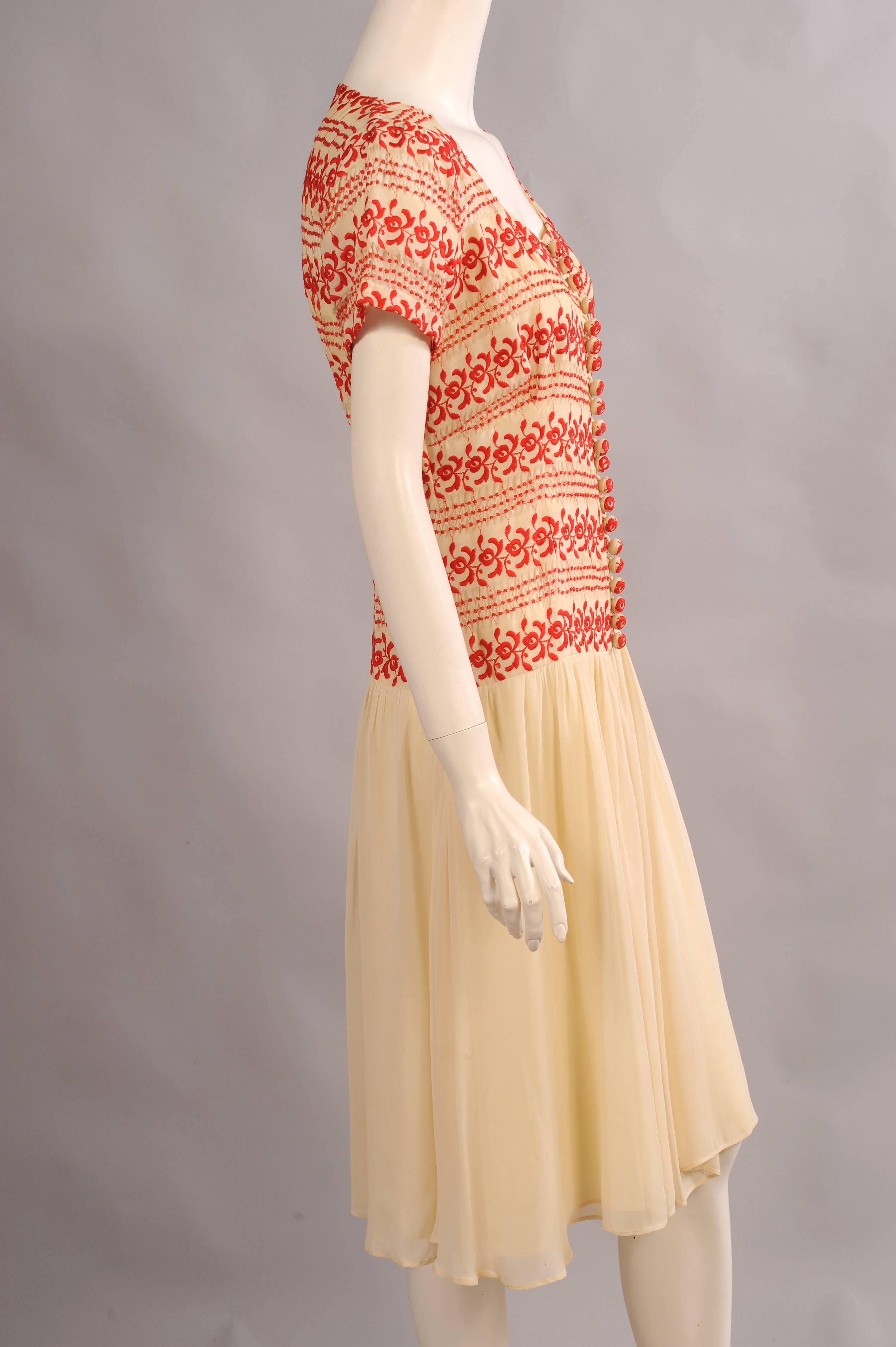 White 1930's Vintage Red and Cream Embroidered Dress