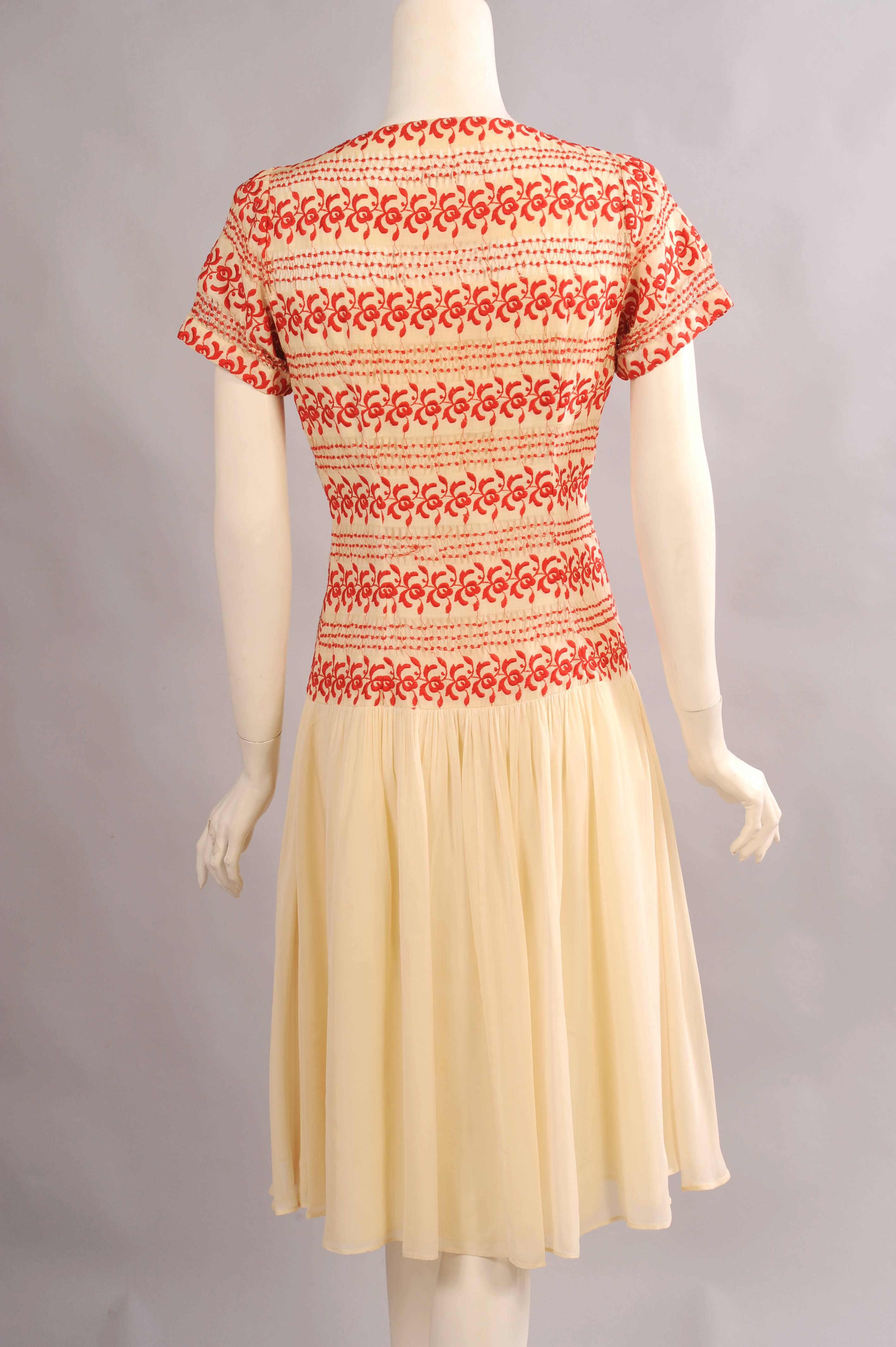 1930's Vintage Red and Cream Embroidered Dress In Excellent Condition In New Hope, PA