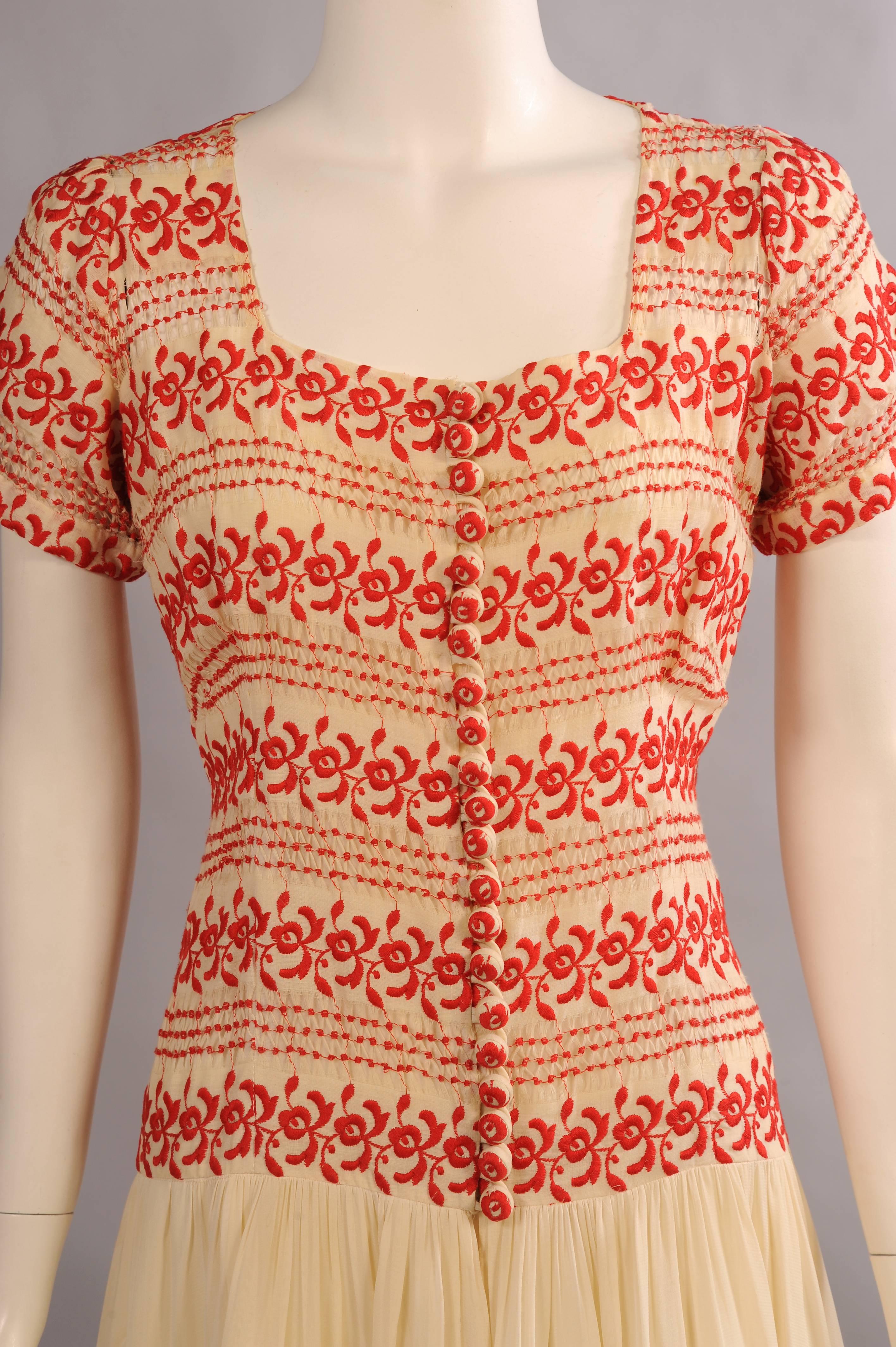 Women's 1930's Vintage Red and Cream Embroidered Dress