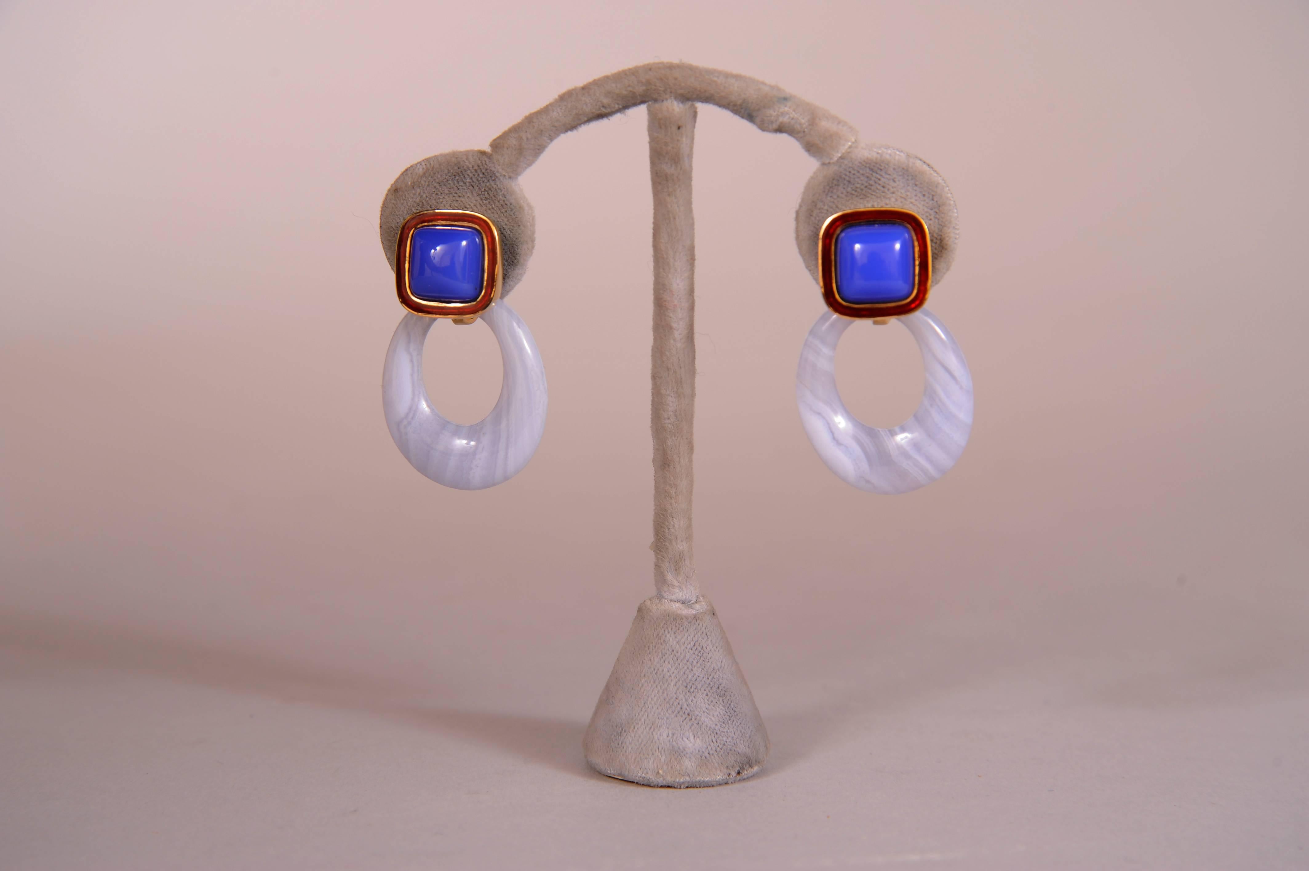 Women's Andrew Clunn Gold Earrings Enamel, Chalcedony, Removable Blue Lace Agate Drops