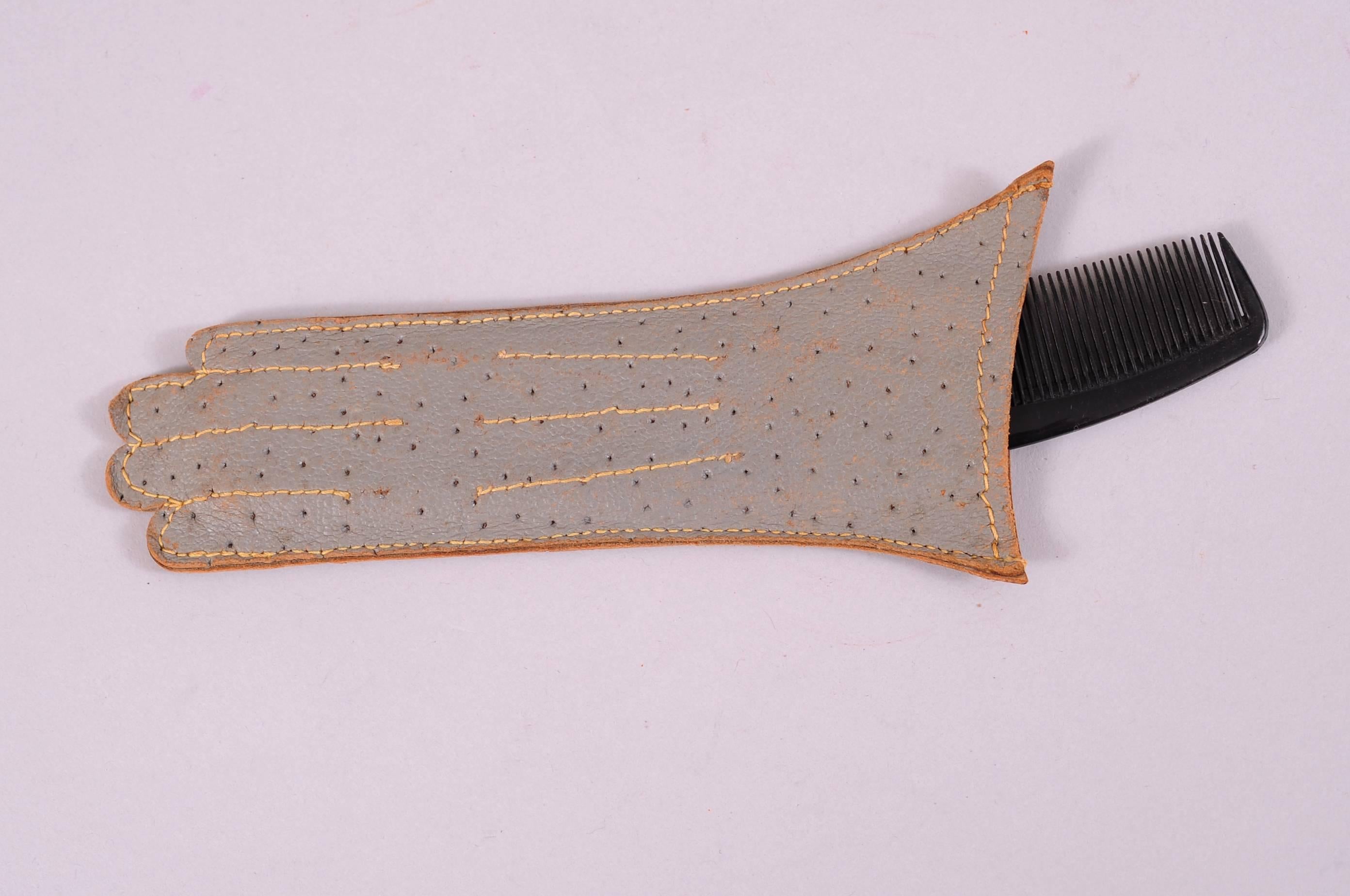 Brown Diminutive Grey Leather Glove Shaped Comb Case For Sale