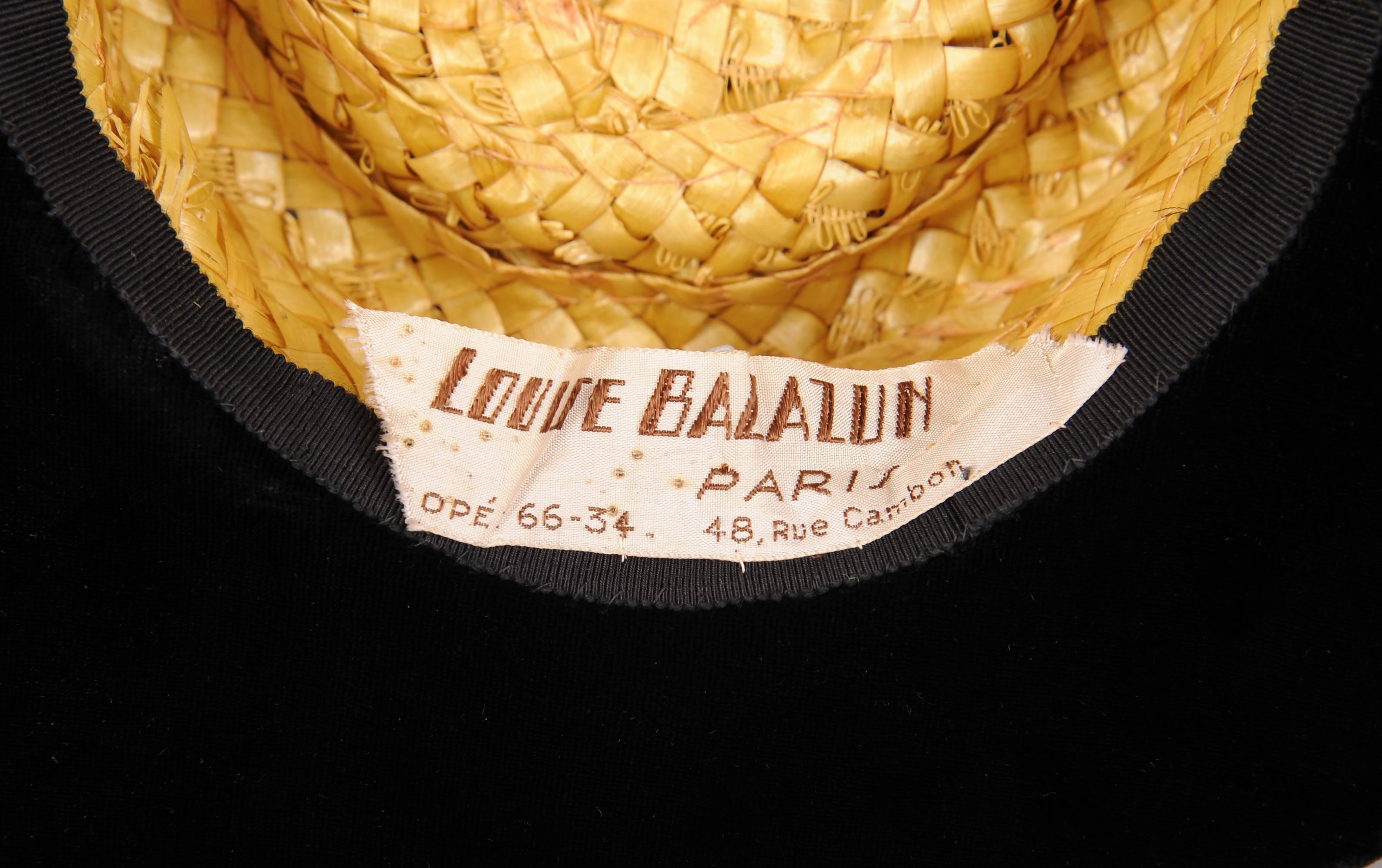 Women's Louise Balazun rue Cambon Paris  Natural Straw and Velvet Hat