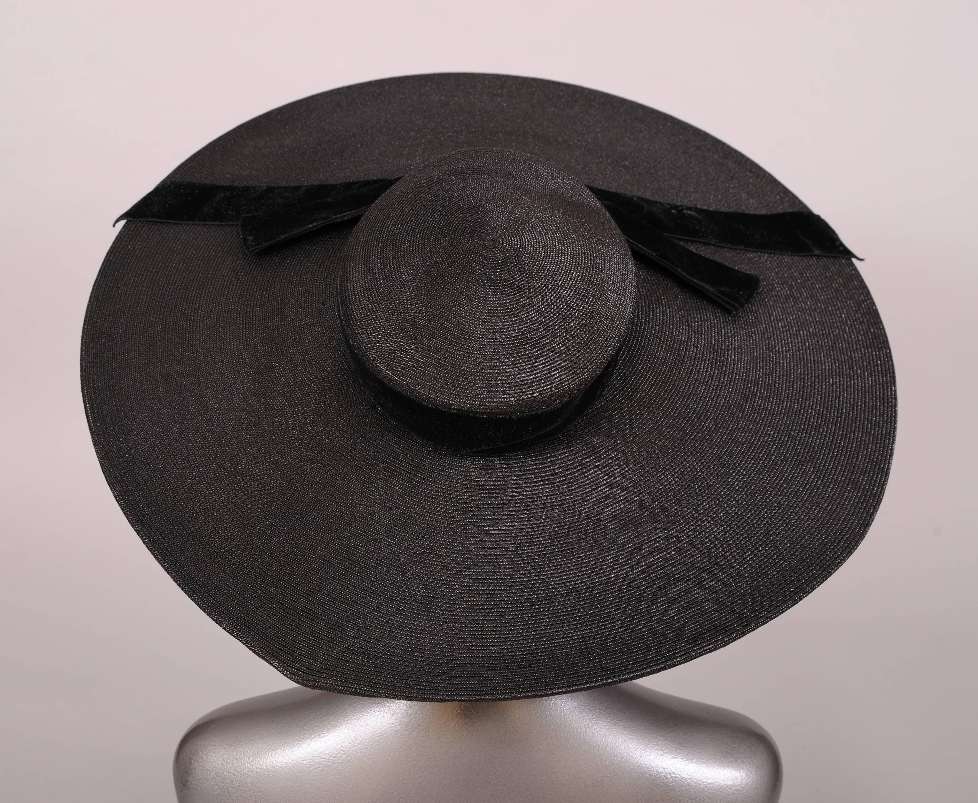 1950's Fine Black Straw Broad Brimmed Picture Hat In Excellent Condition In New Hope, PA