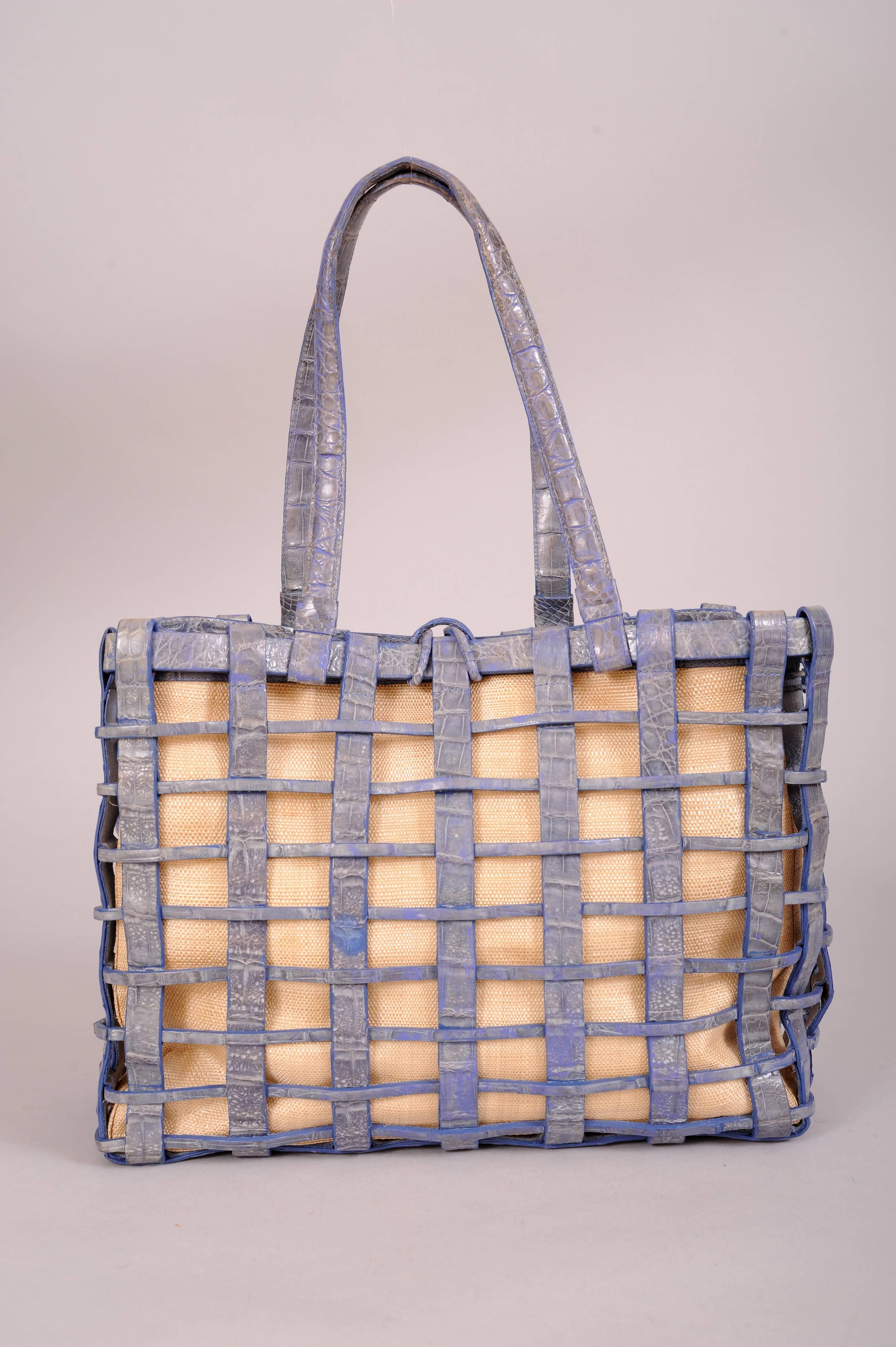 blue woven bag