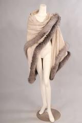 Palest Champagne and Ivory Woven Paisley Shawl with Silver Fox Trim