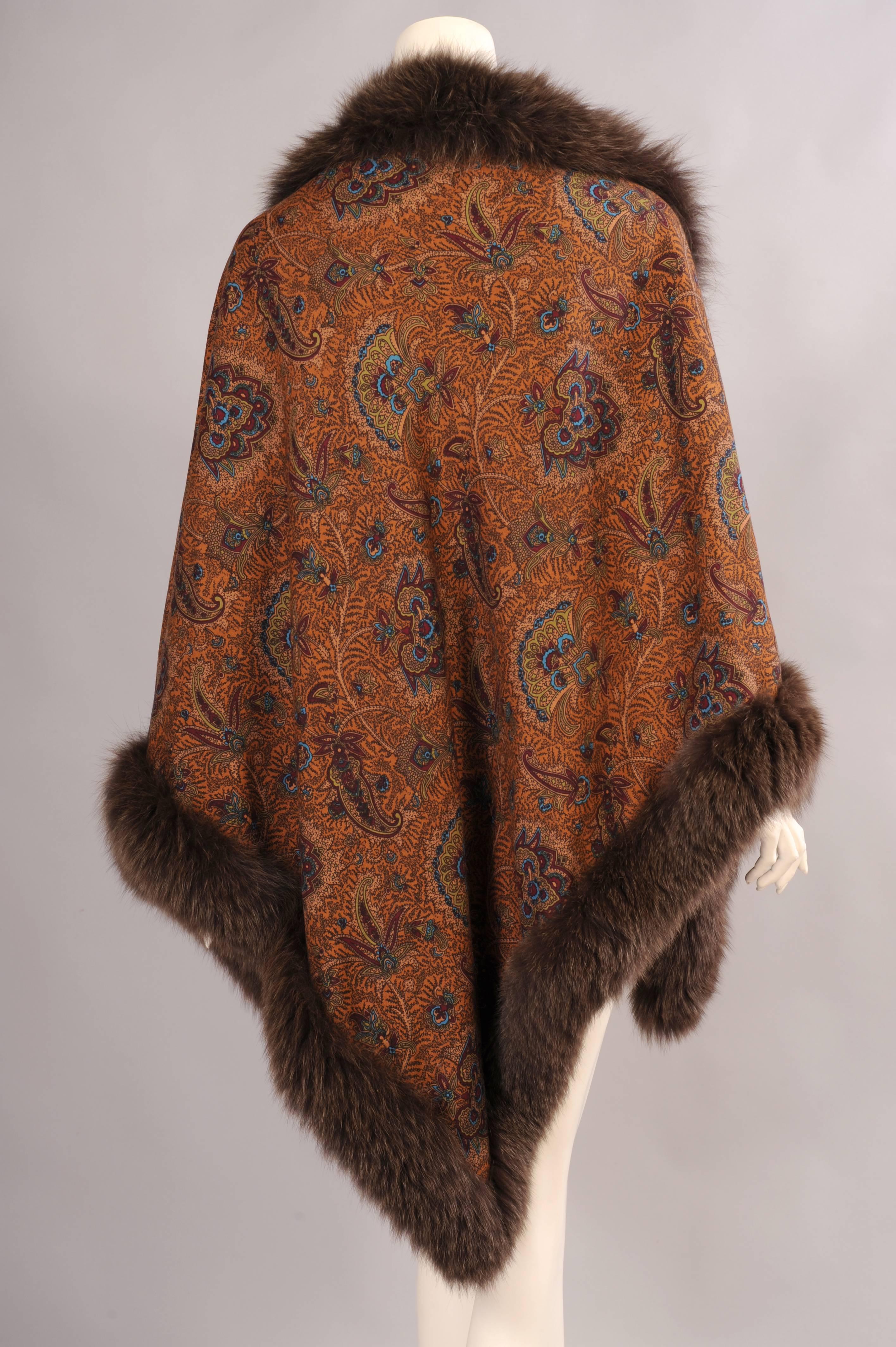 Brown Reversible Double Sided Paisley or Camel Shawl with Fox Trim