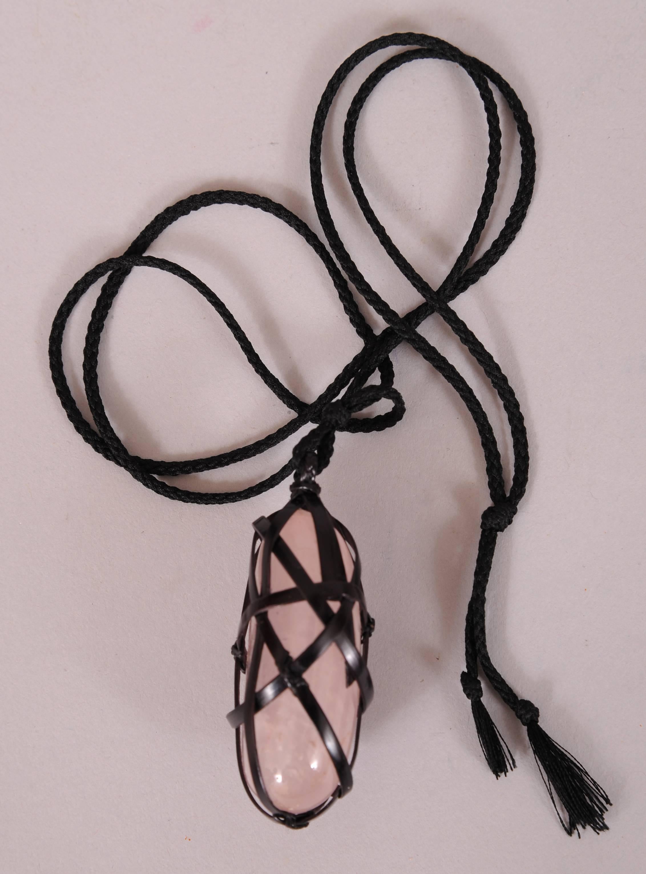 Rare Tina Chow Bamboo Wrapped Rose Quartz Pendant In Excellent Condition In New Hope, PA