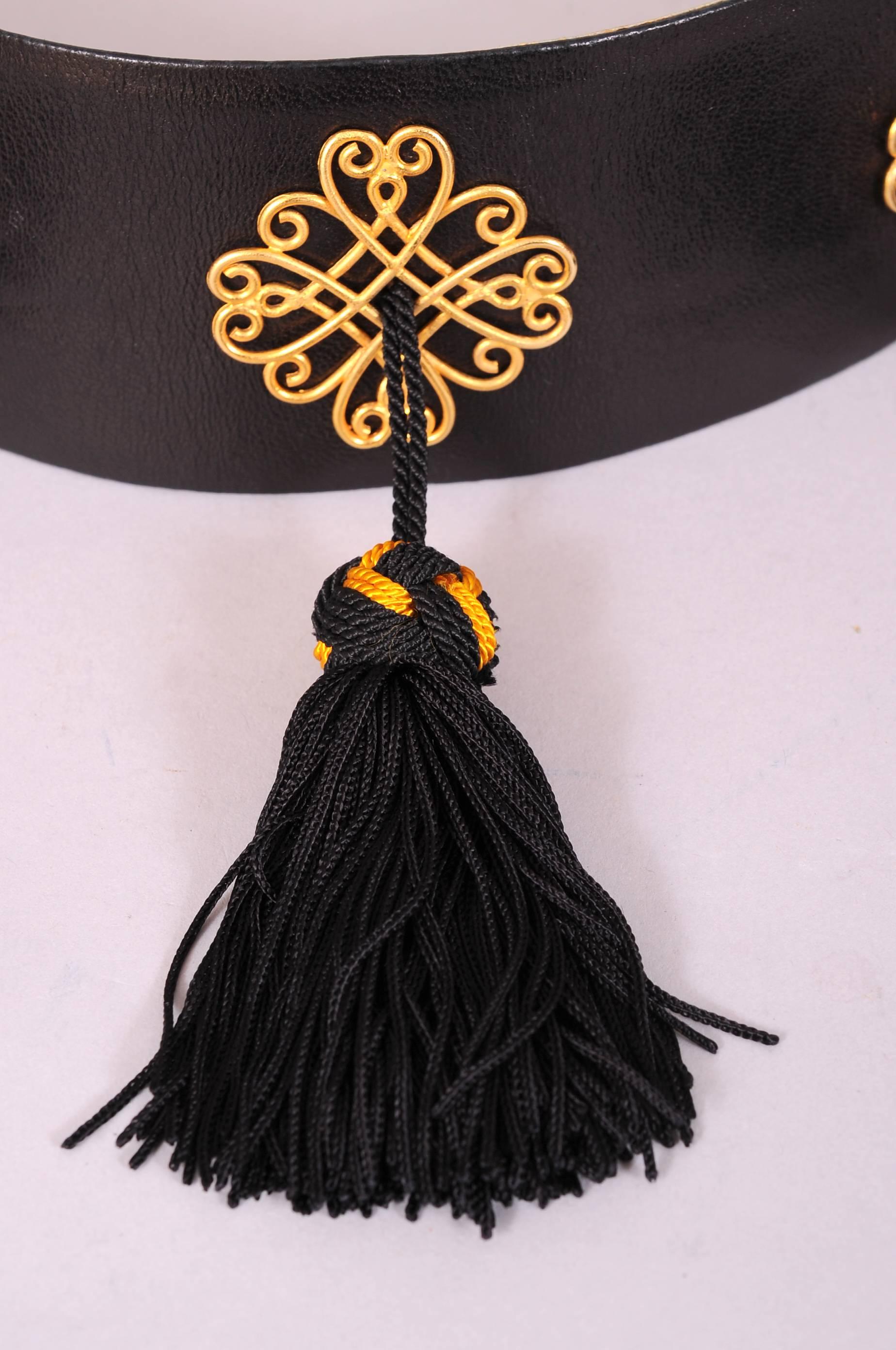 Isabel Canovas Leather Belt with Black and Gold Silk Tassels In Excellent Condition In New Hope, PA