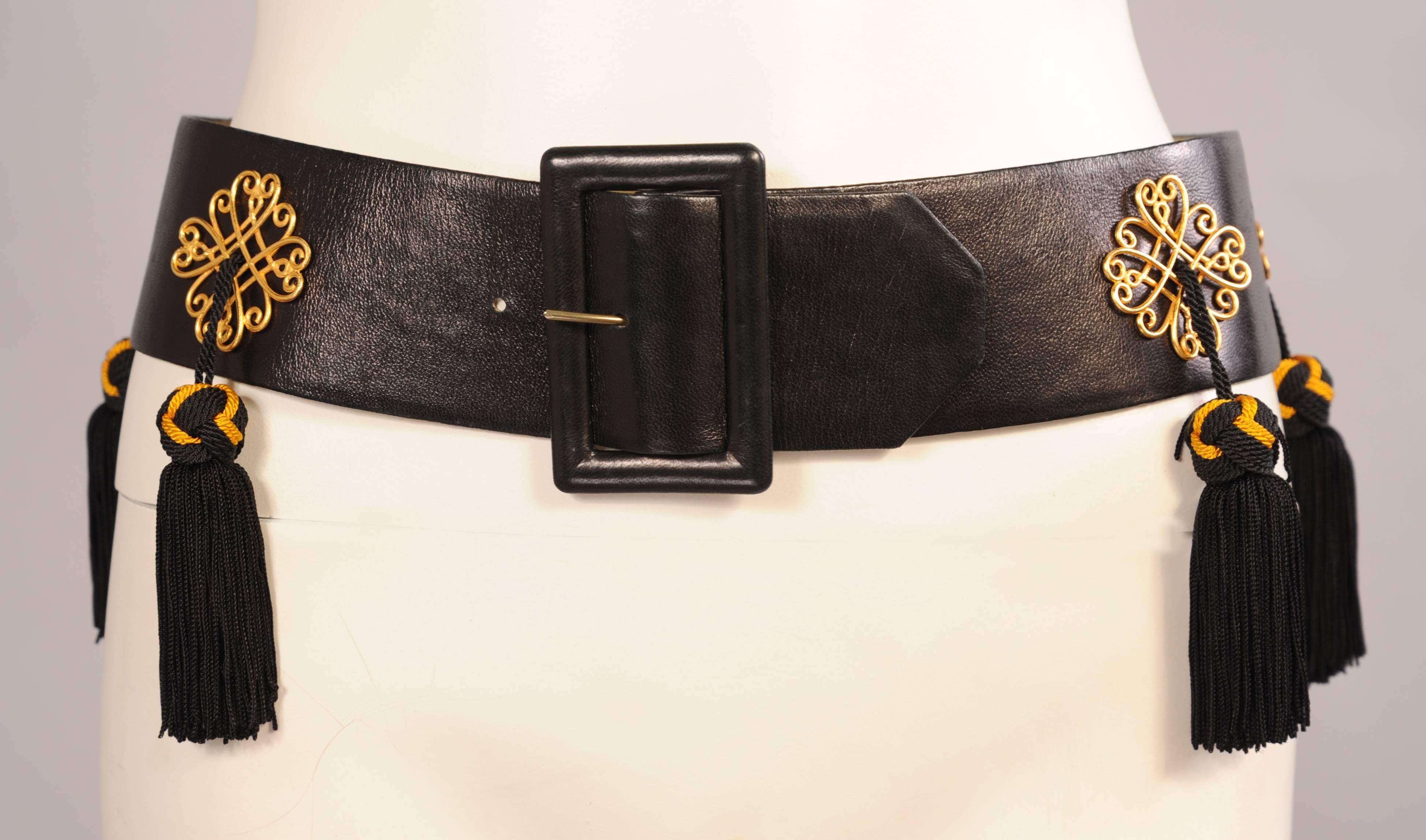 Women's Isabel Canovas Leather Belt with Black and Gold Silk Tassels