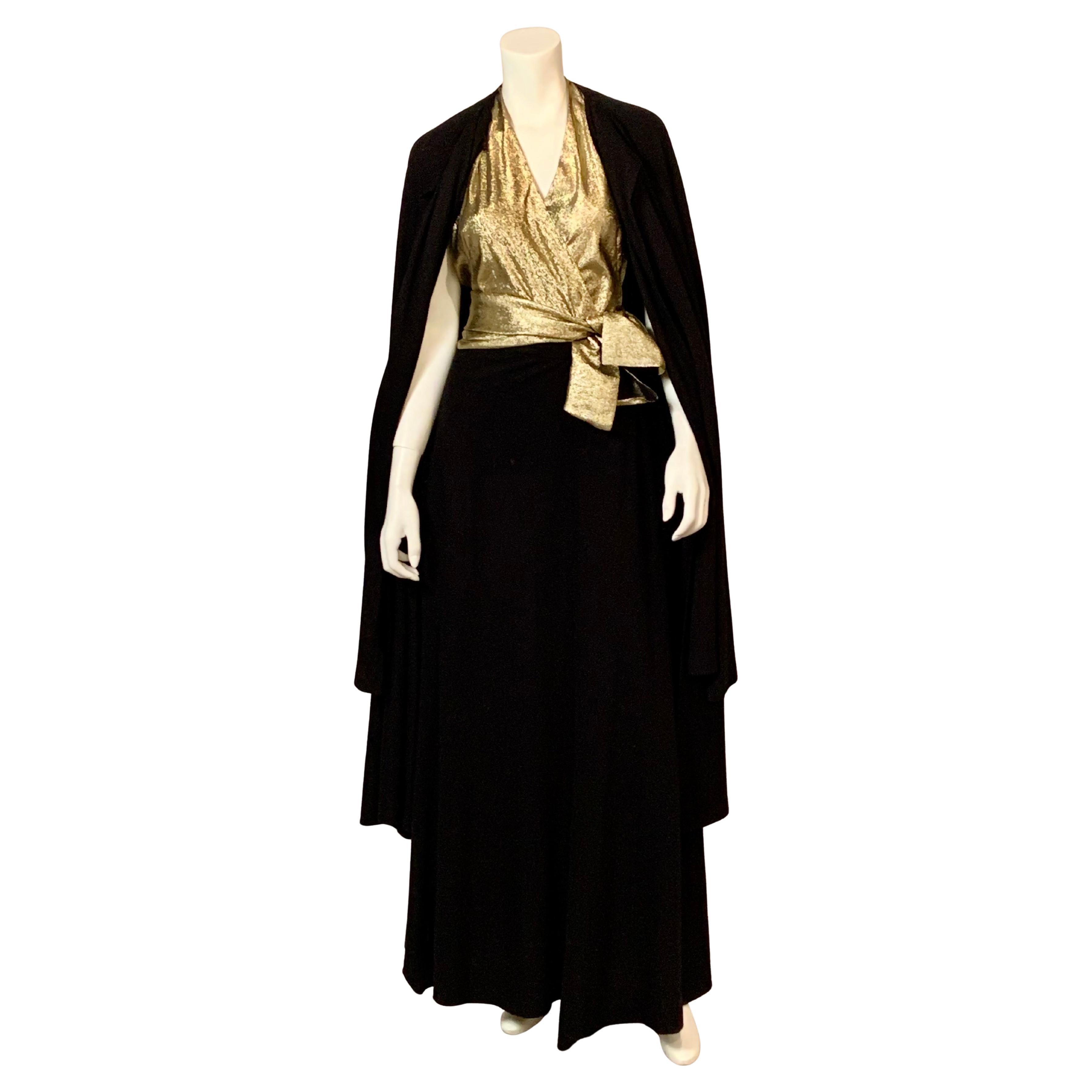 Trigere - Robe trois pièces et cape assortie en soie et laine noire de couleur dorée