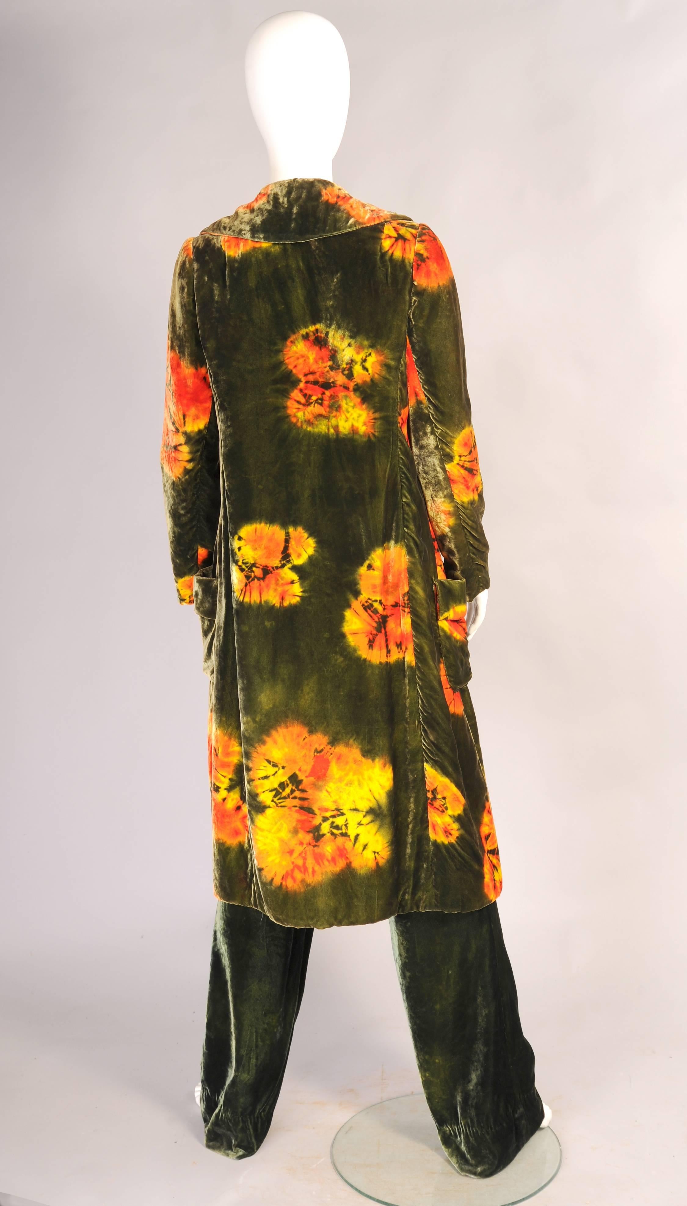 Black Rare and Important 1960's Halston Colorful Tie Dye Velvet Coat Ensemble