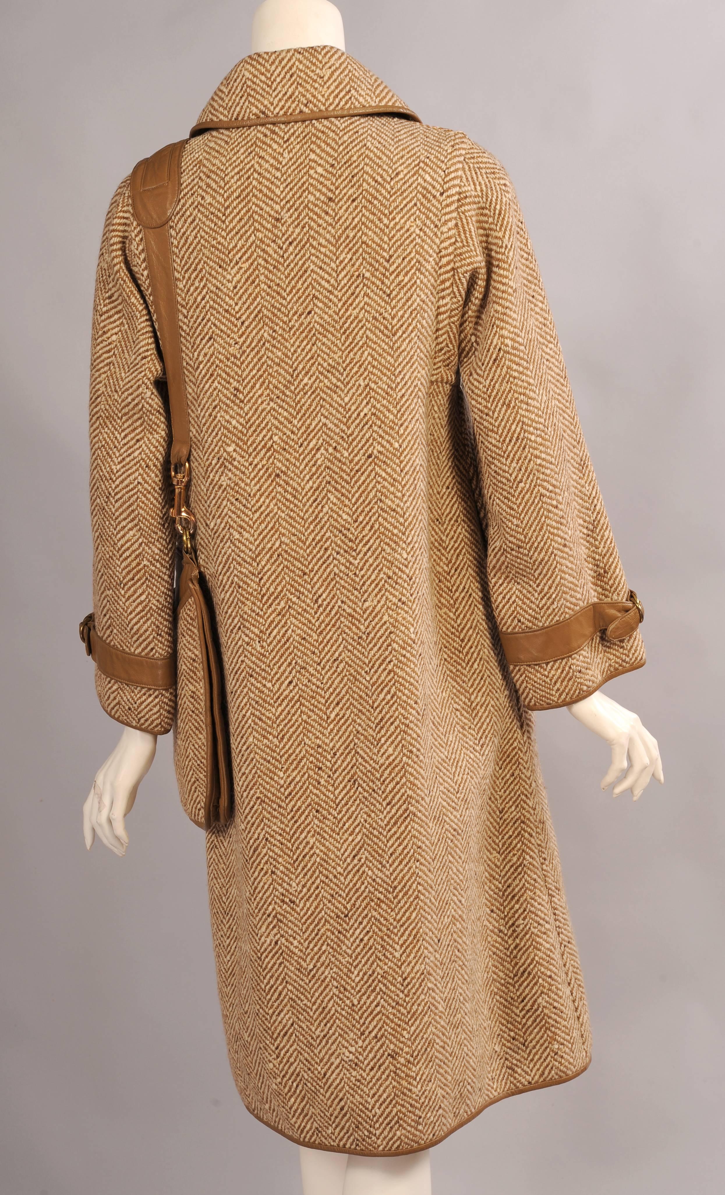 Brown Bonnie Cashin for Sills Leather Trimmed Wool Coat with Attached Shoulder Bag
