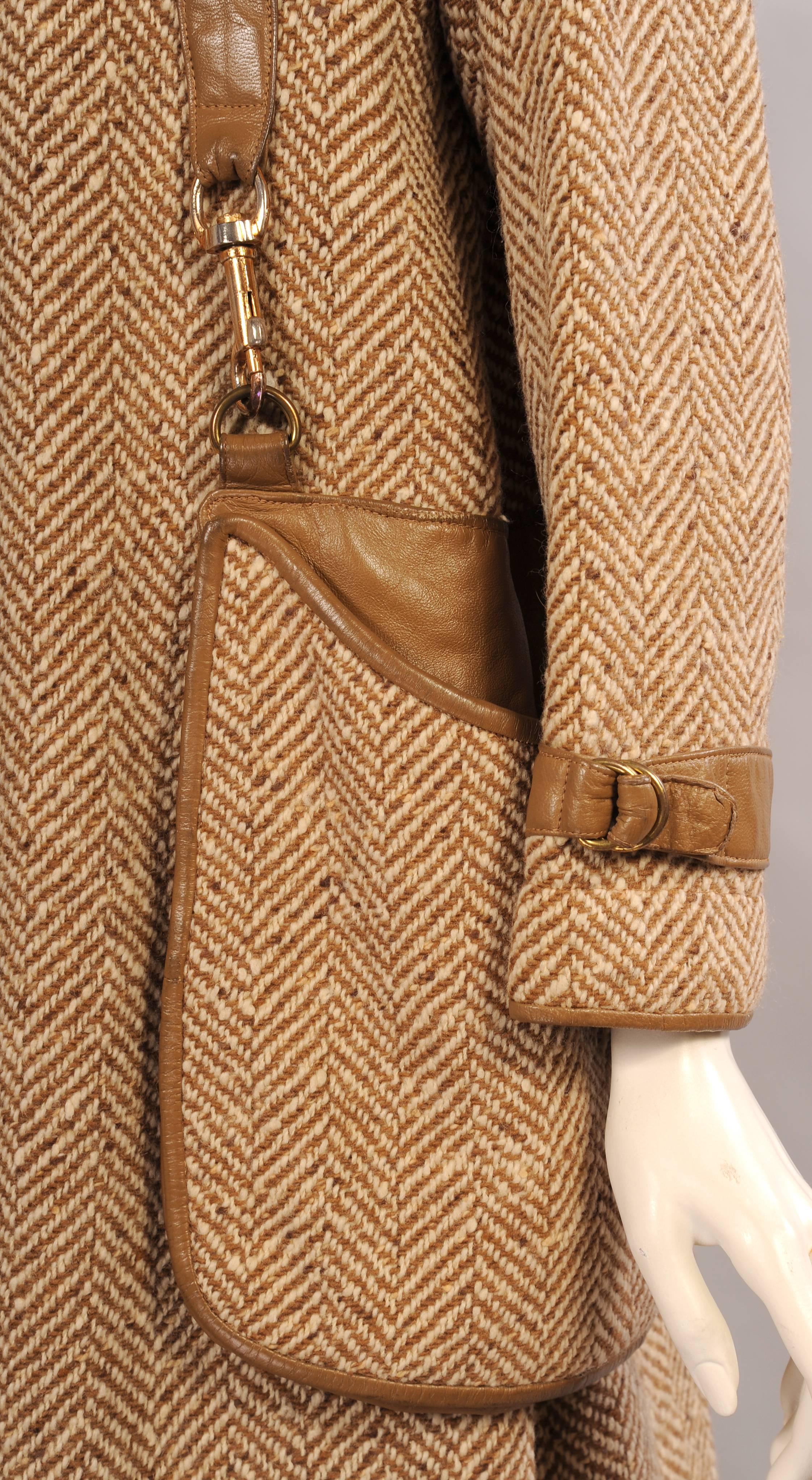 Bonnie Cashin for Sills Leather Trimmed Wool Coat with Attached Shoulder Bag In Excellent Condition In New Hope, PA